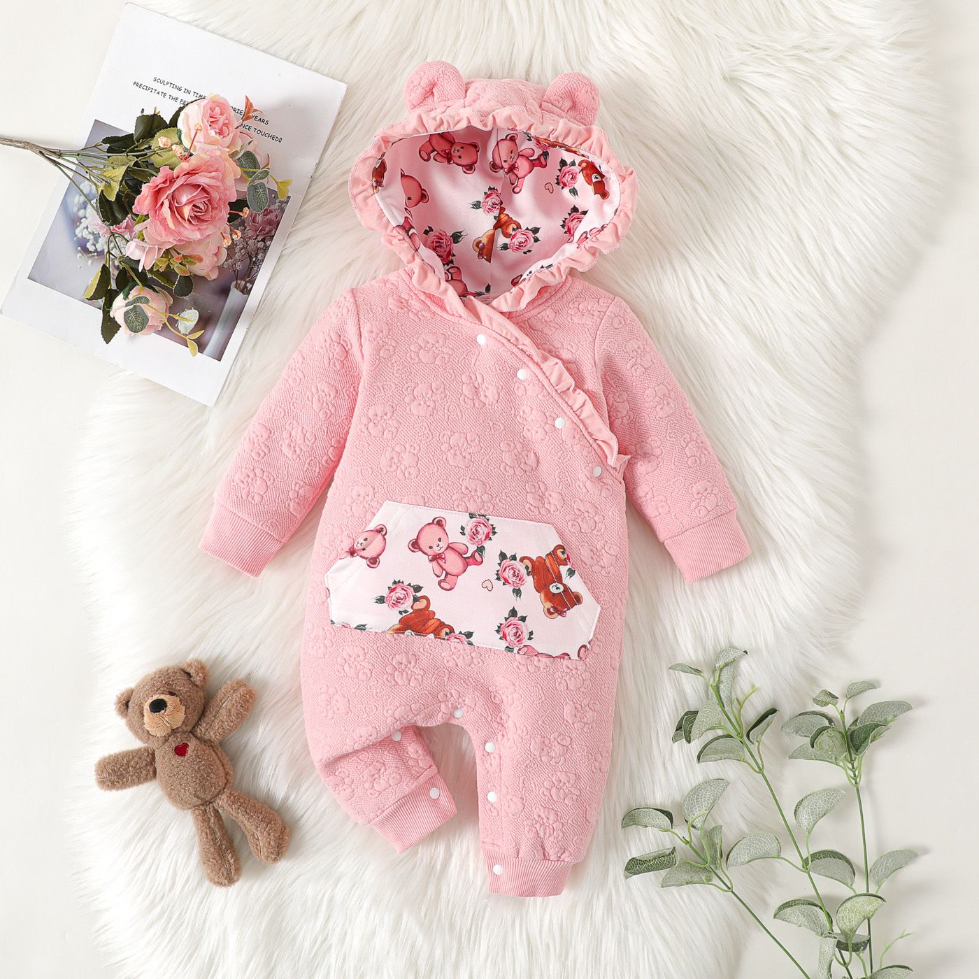 

Baby Girl Allover Bear Print Lined Hooded Long-sleeve Frill Textured Jumpsuit