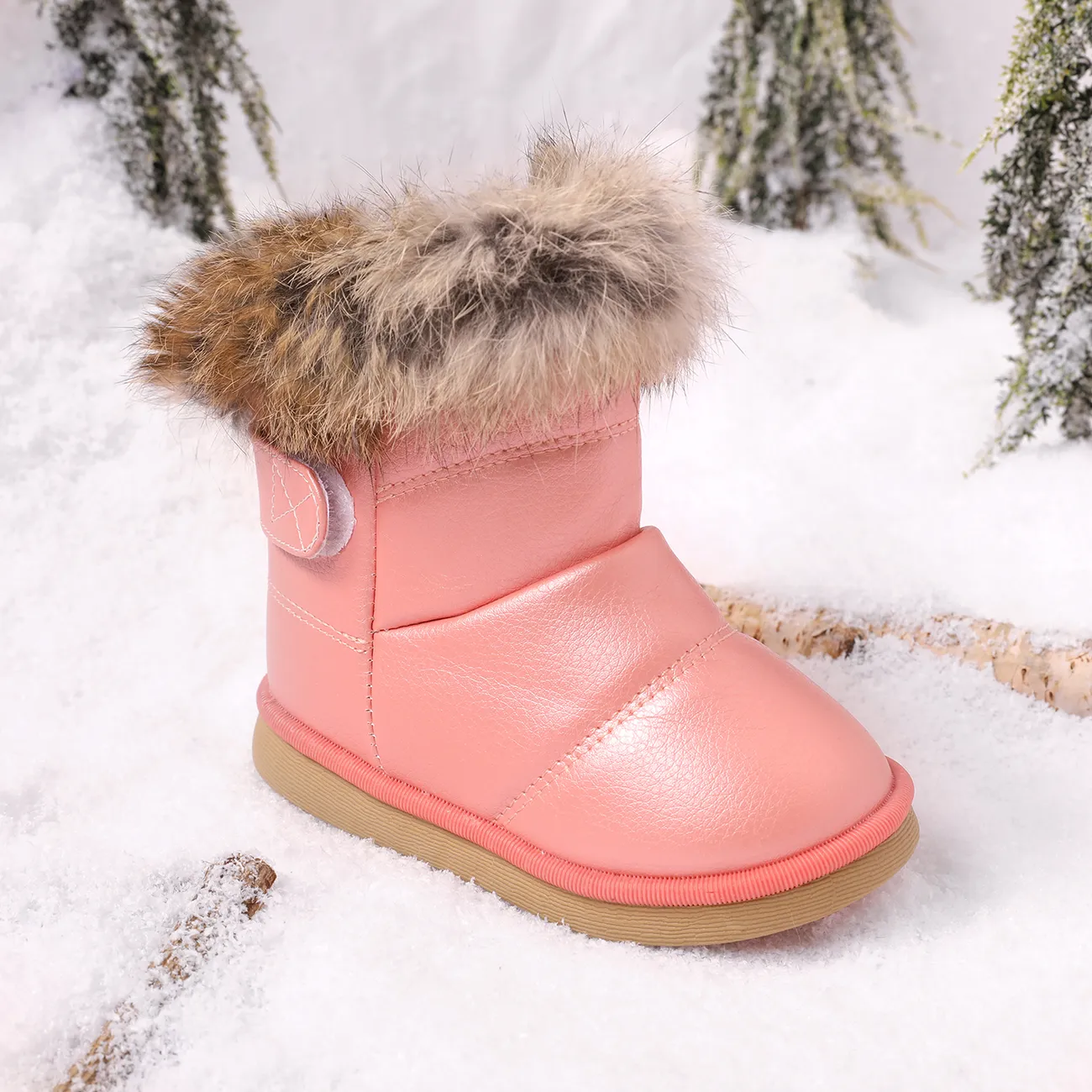 botas de nieve térmicas sólidas con velcro y ribete esponjoso para niños pequeños / niños Rosado big image 1
