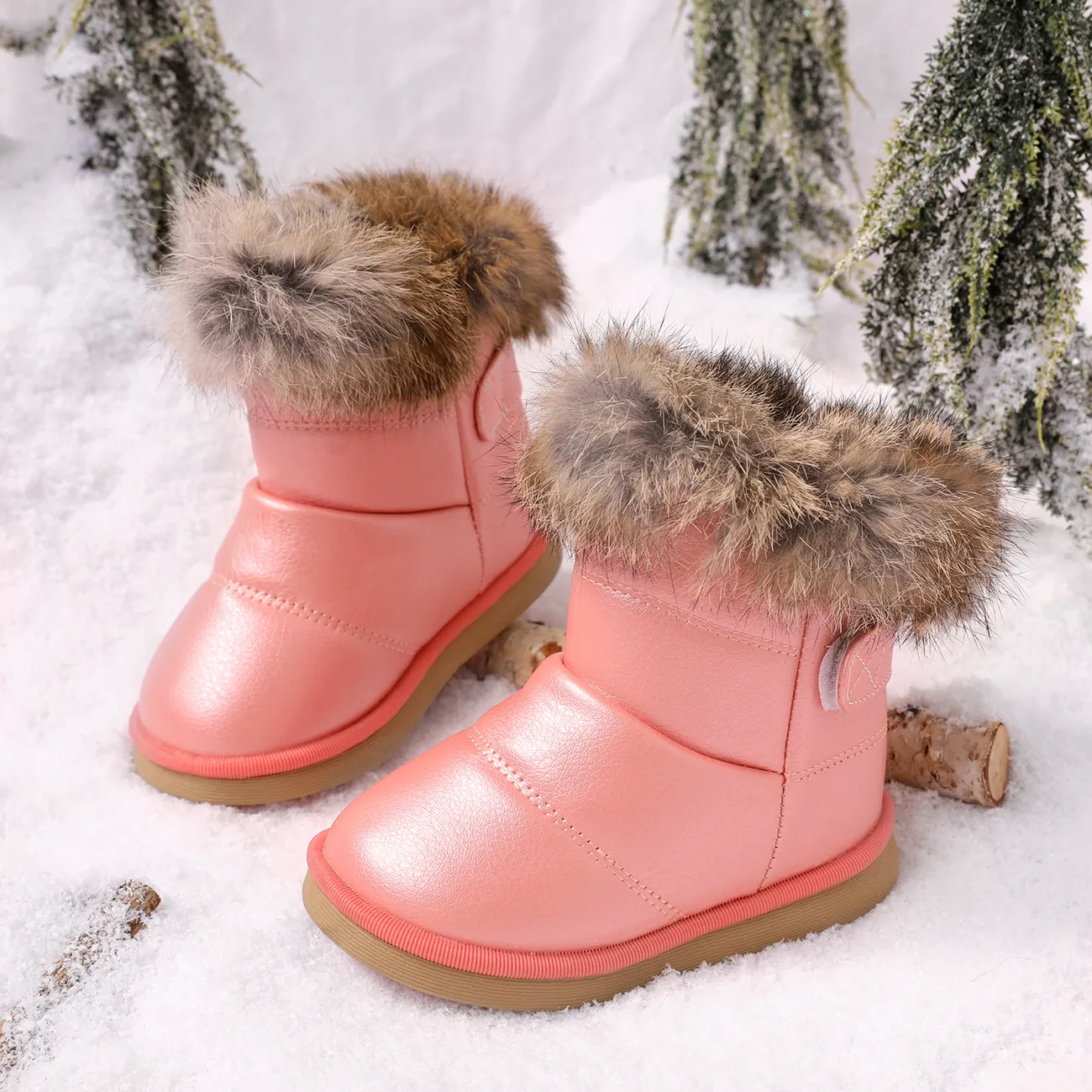 botas de nieve térmicas sólidas con velcro y ribete esponjoso para niños pequeños / niños Rosado big image 1