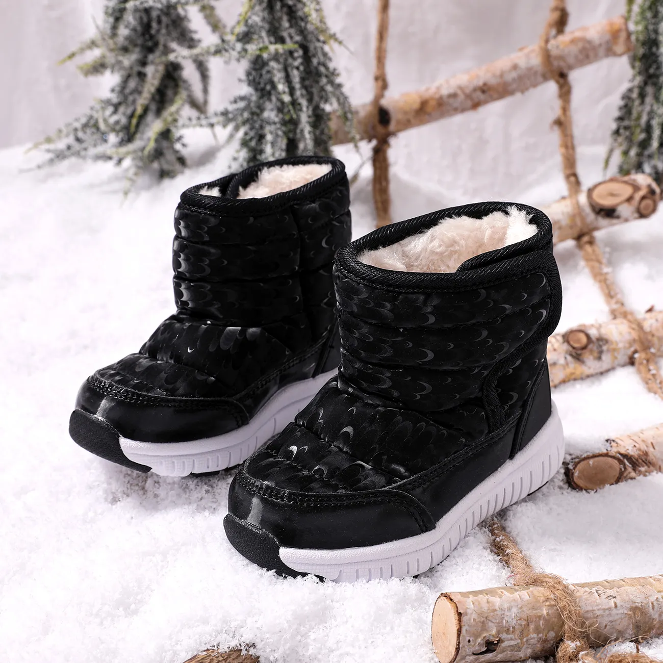 Toddler / Kid Fleece Lined Waterproof Black Thermal Snow Boots Black big image 1