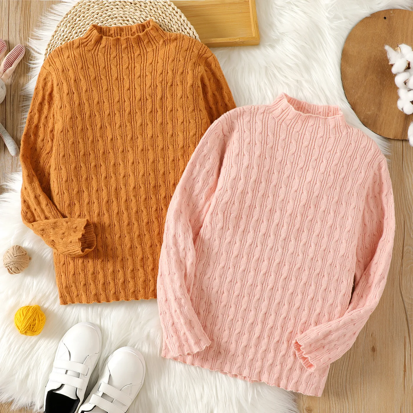 Kid Girl Solid Color Textured Mock Neck Knit Sweater Pink image 2