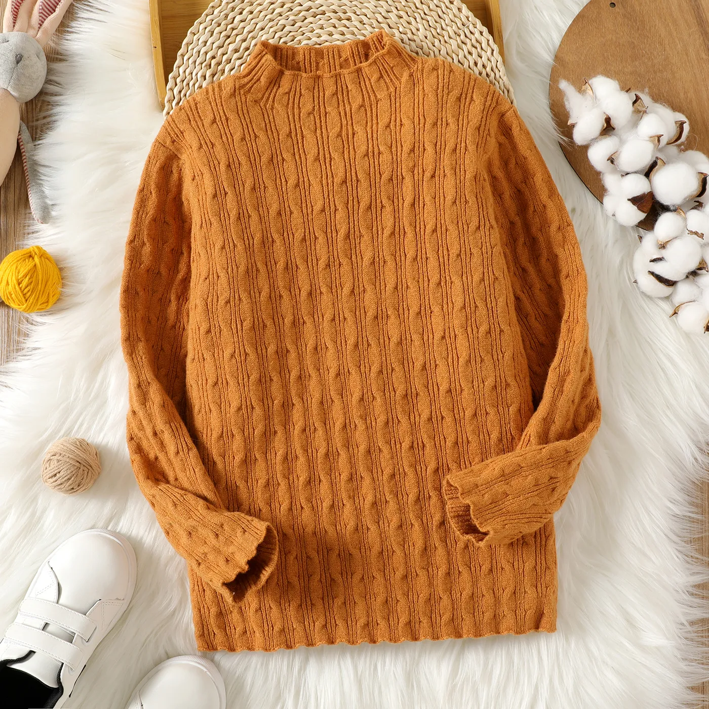 Kid Girl Solid Color Textured Mock Neck Knit Sweater Brown