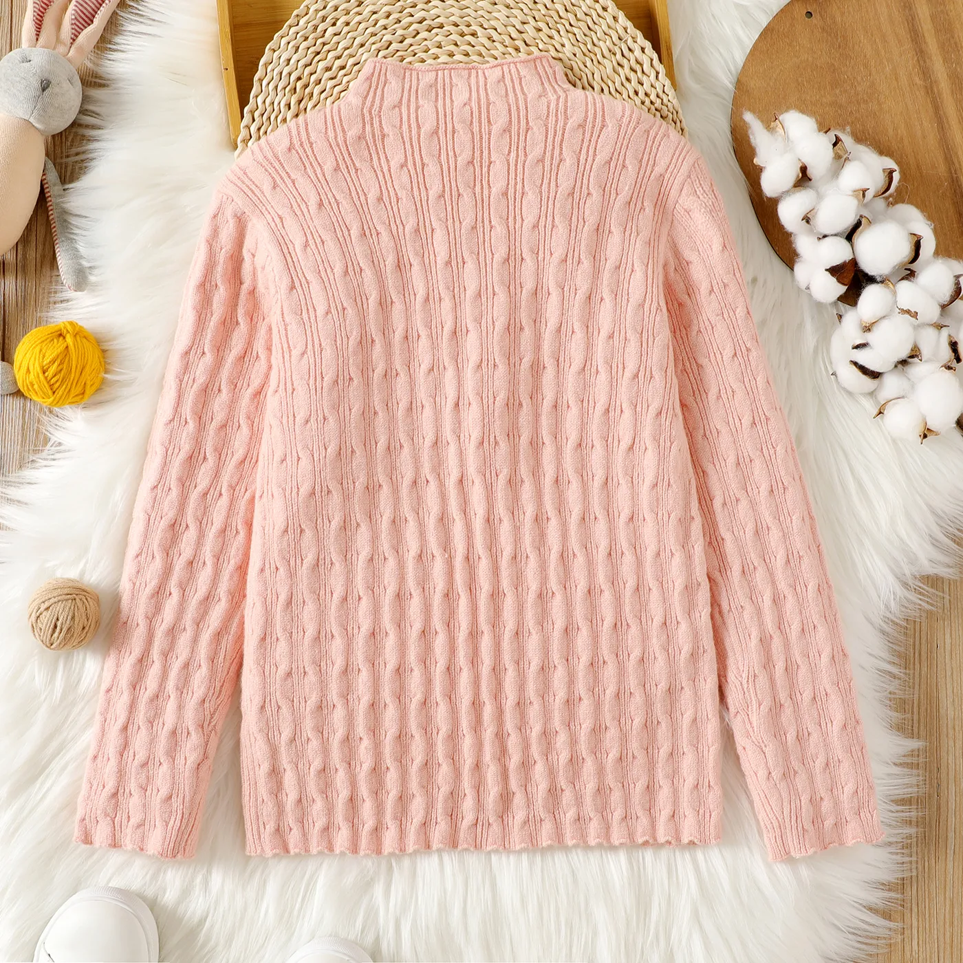 Kid Girl Solid Color Textured Mock Neck Knit Sweater Pink image 3