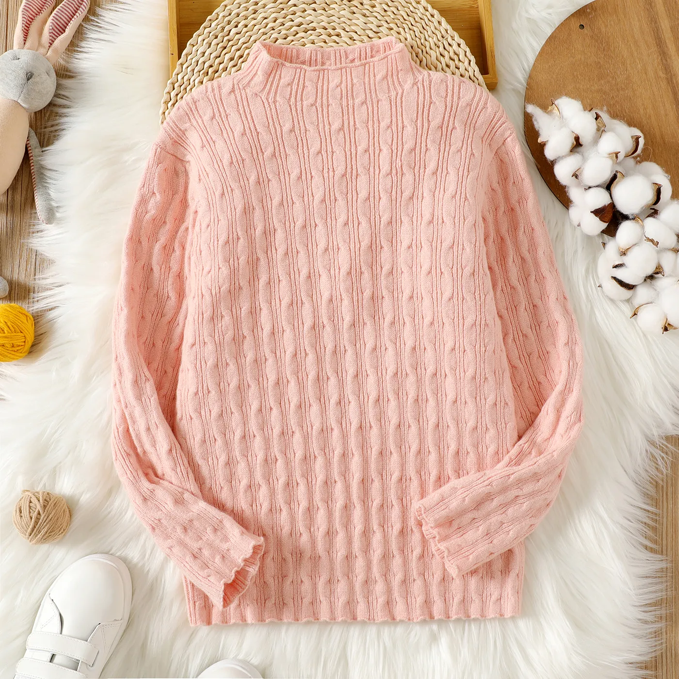 Kid Girl Solid Color Textured Mock Neck Knit Sweater Pink big image 1