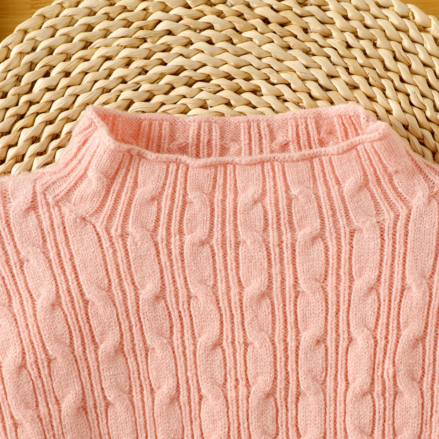 Kid Girl Solid Color Textured Mock Neck Knit Sweater Pink image 4
