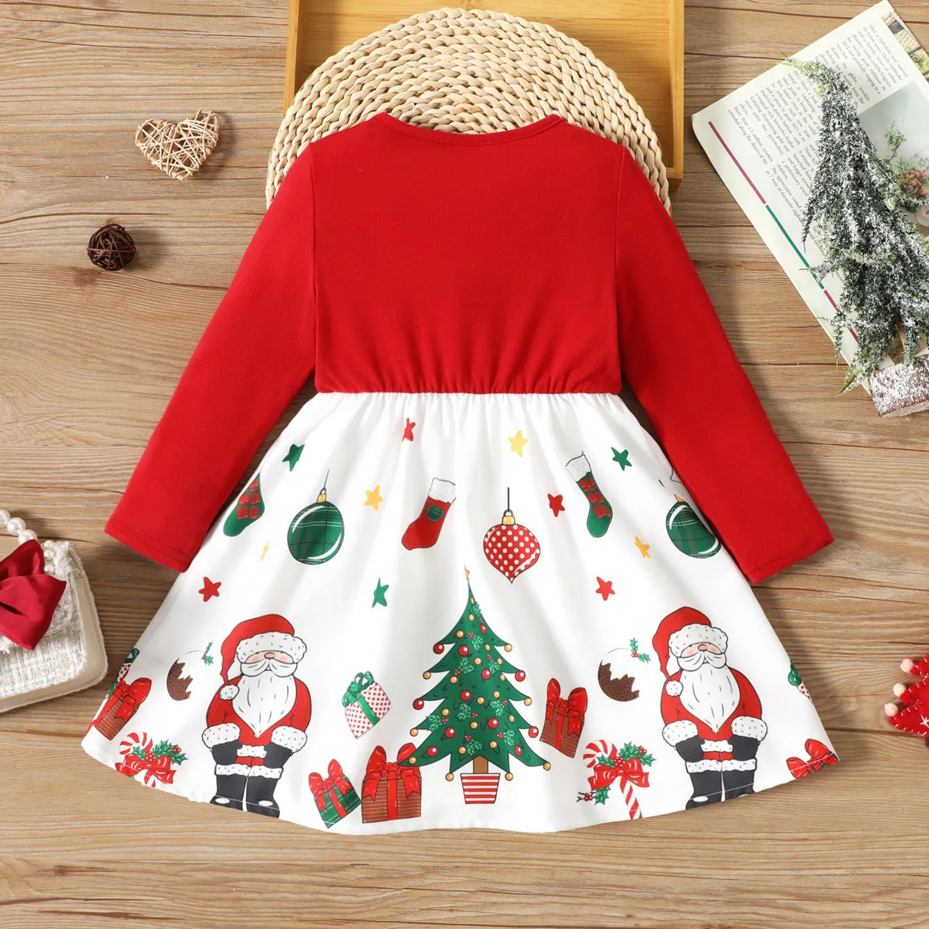 Toddler Girl Christmas Graphic Bowknot Design Splice Long-sleeve Dress REDWHITE image 2