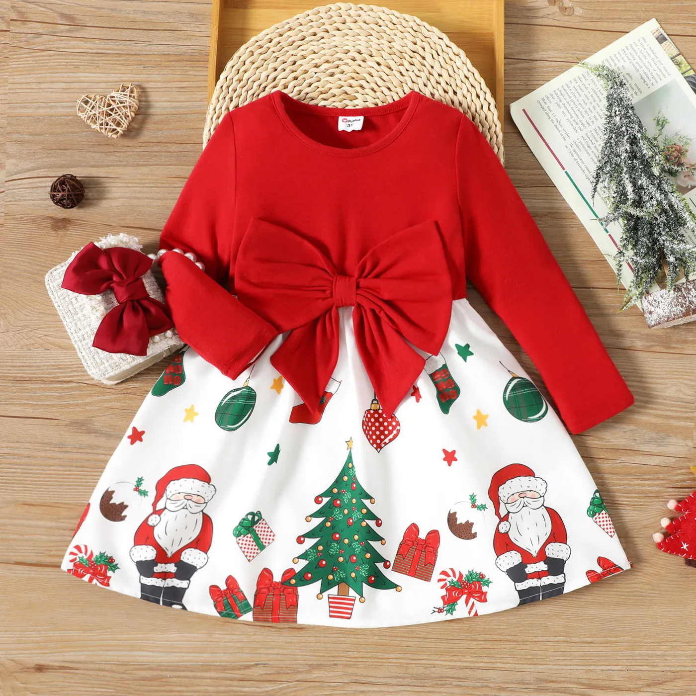 

Toddler Girl Christmas Graphic Bowknot Design Splice Long-sleeve Dress