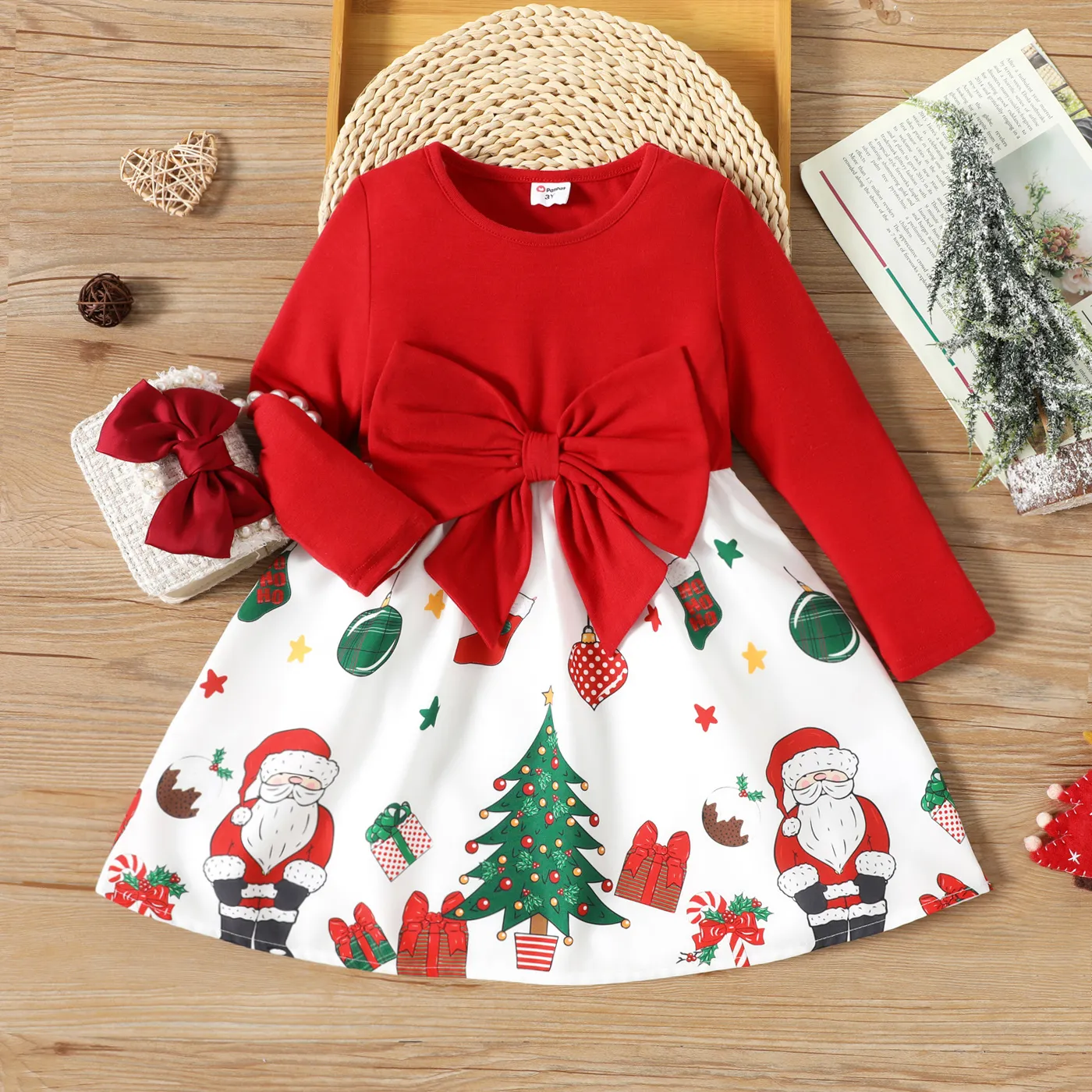 Toddler Girl Christmas Graphic Bowknot Design Splice Long-sleeve Dress REDWHITE big image 1