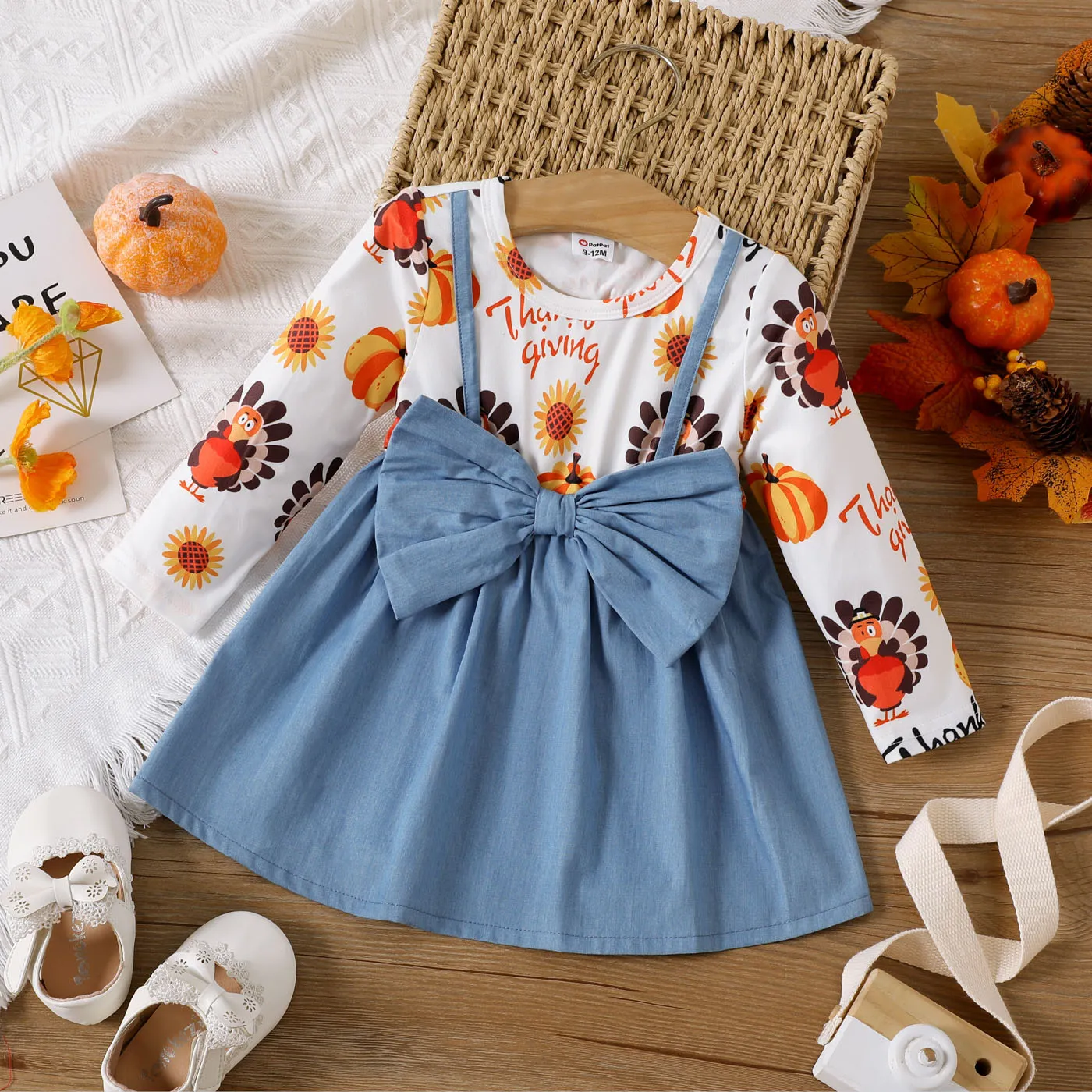 

Thanksgiving Day Baby Girl 100% Cotton Imitation Denim Bow Front Spliced Allover Print Long-sleeve Dress