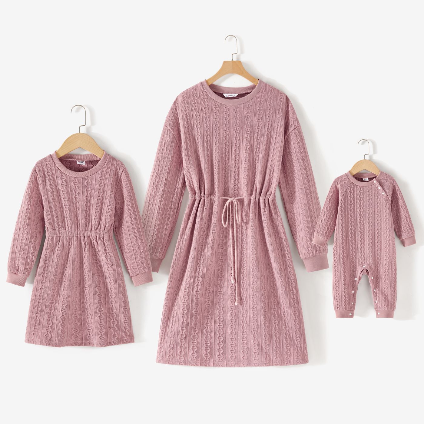 

Mommy and Me Pink Cable Knit Textured Long-sleeve Drawstring Dress