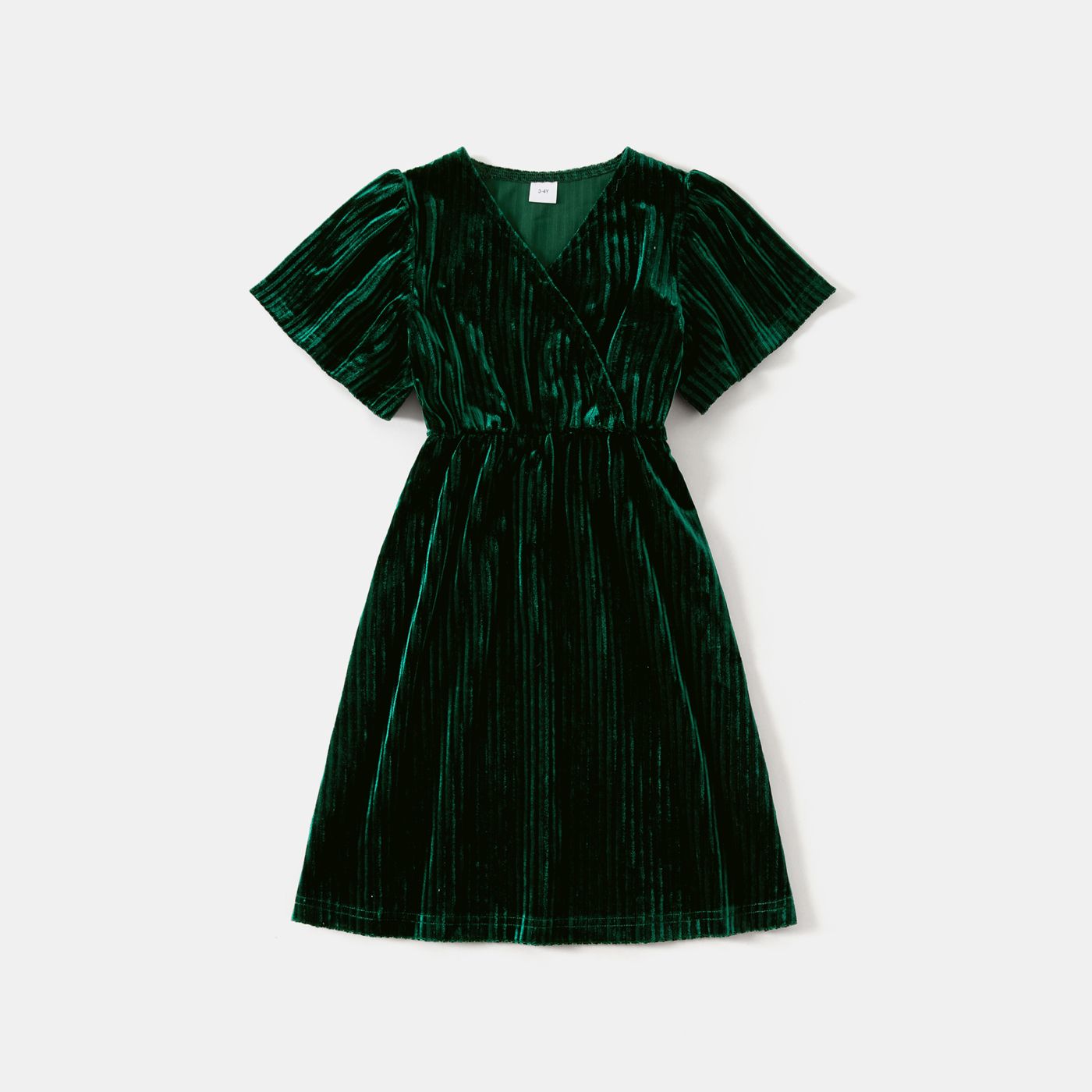 Family Matching Green Velvet Surplice Neck Ruffle-sleeve Dresses And Plaid Shirts Sets