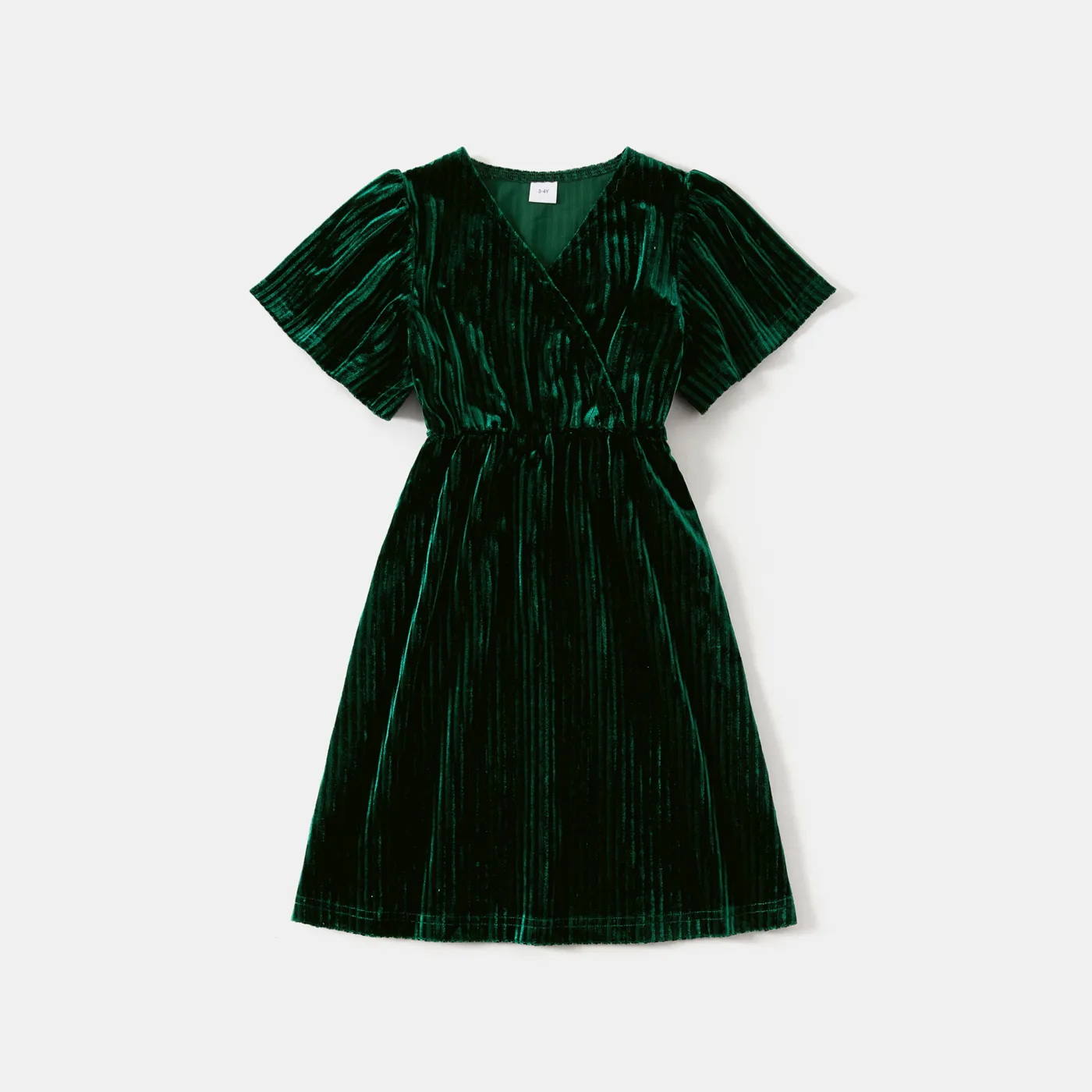 Family Matching Green Velvet Surplice Neck Rufflesleeve Dresses and