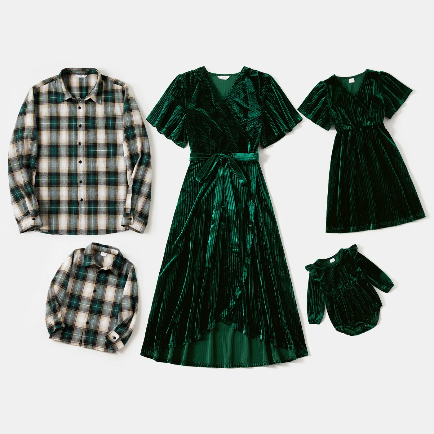 Family Matching Green Velvet Surplice Neck Ruffle-sleeve Dresses and Plaid Shirts Sets Green image 3