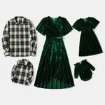 Family Matching Green Velvet Surplice Neck Ruffle-sleeve Dresses and Plaid Shirts Sets  image 3