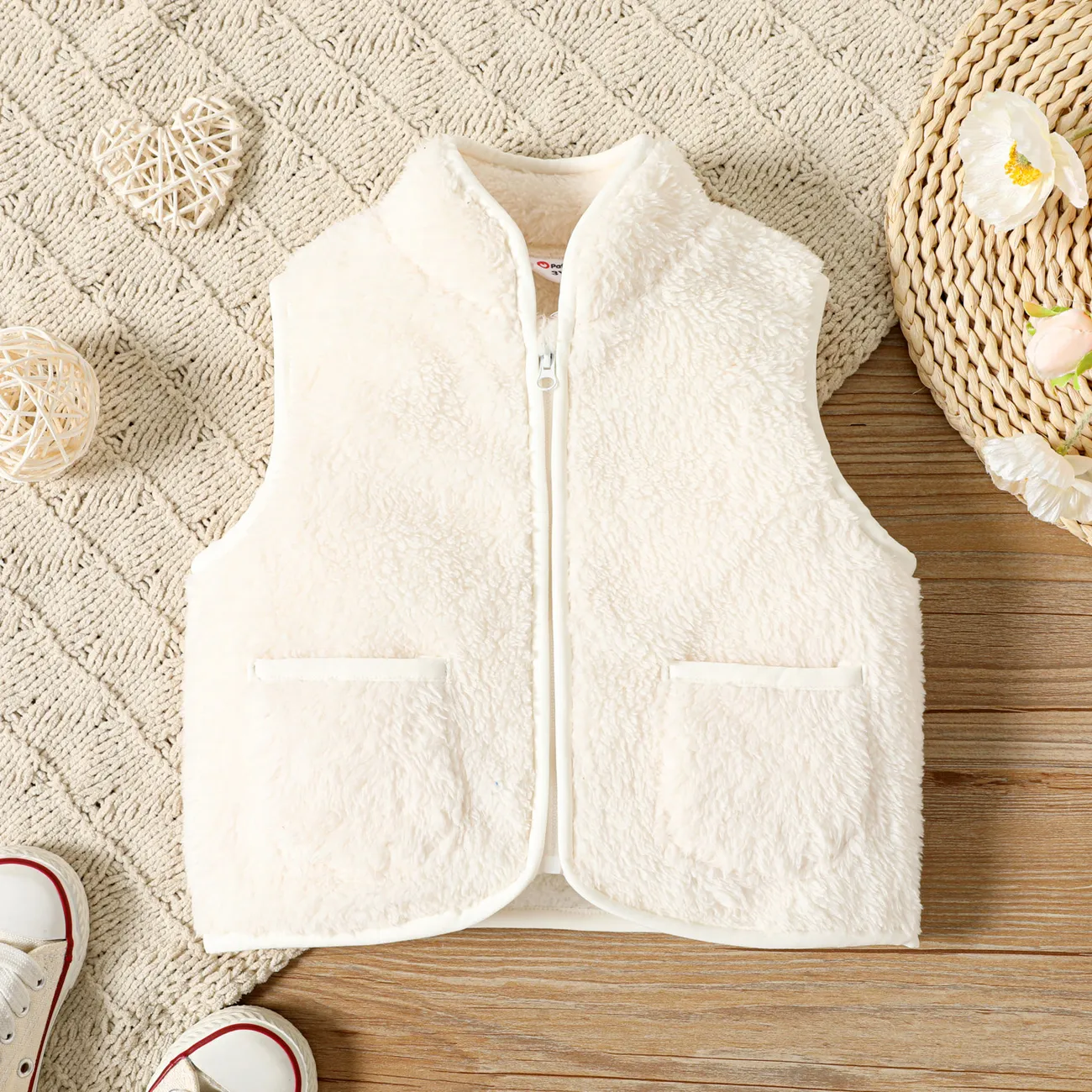 Toddler Girl Solid Color Fleece Zipper Design Vest Apricot big image 1