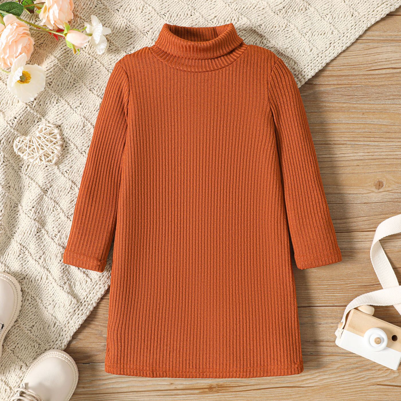 

Toddler Girl Solid Color Turtleneck Ribbed Long-sleeve Sweater Dress (Waist bag is NOT included）