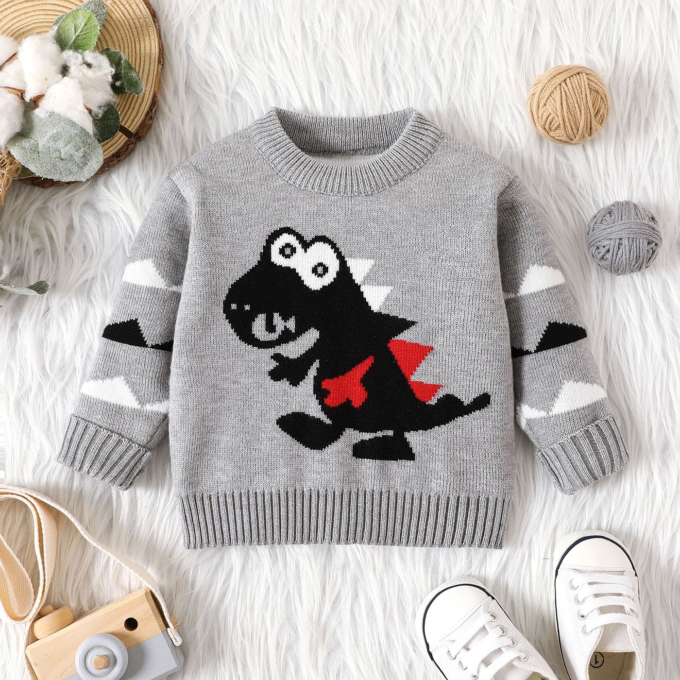 

Baby Boy Dinosaur Pattern Grey Knitted Long-sleeve Pullover Sweater