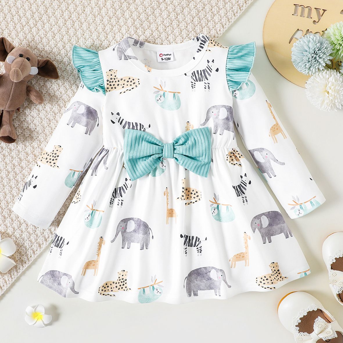 

Baby Girl Allover Animal Print Ruffle Trim Bow Front Long-sleeve Dress