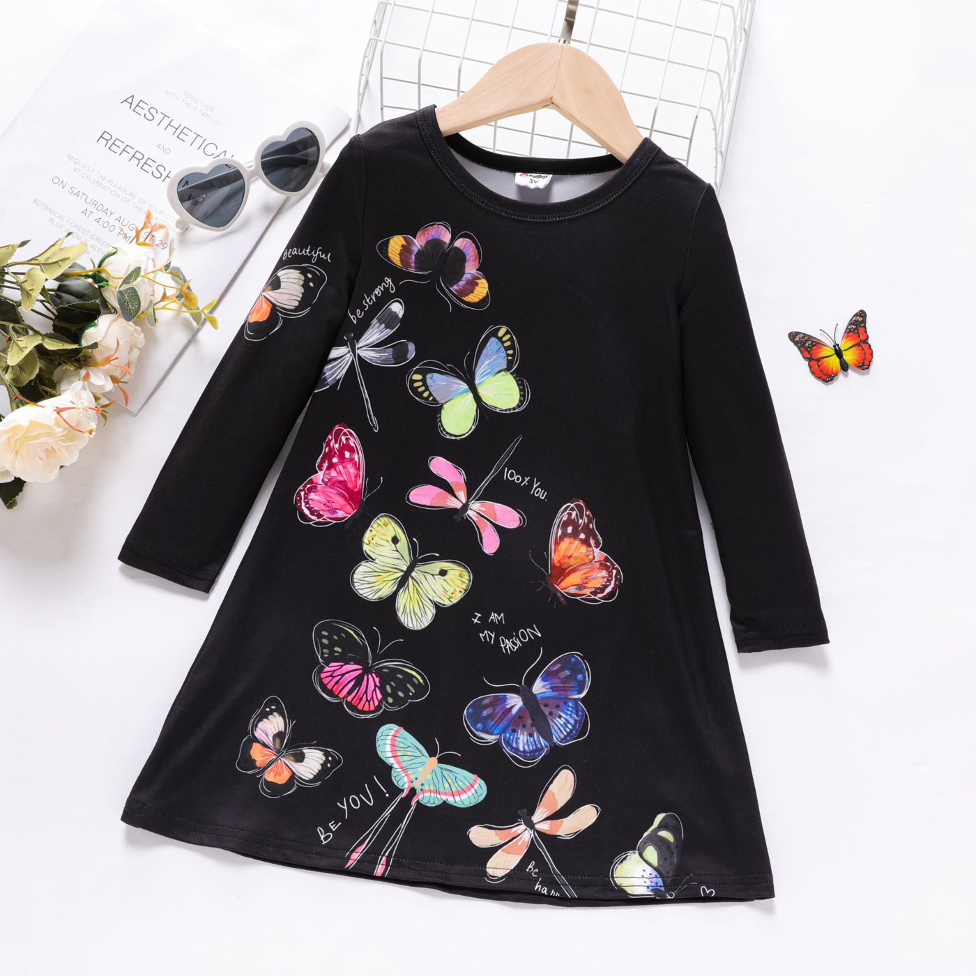 

Toddler Girl Butterfly Print Long-sleeve Black