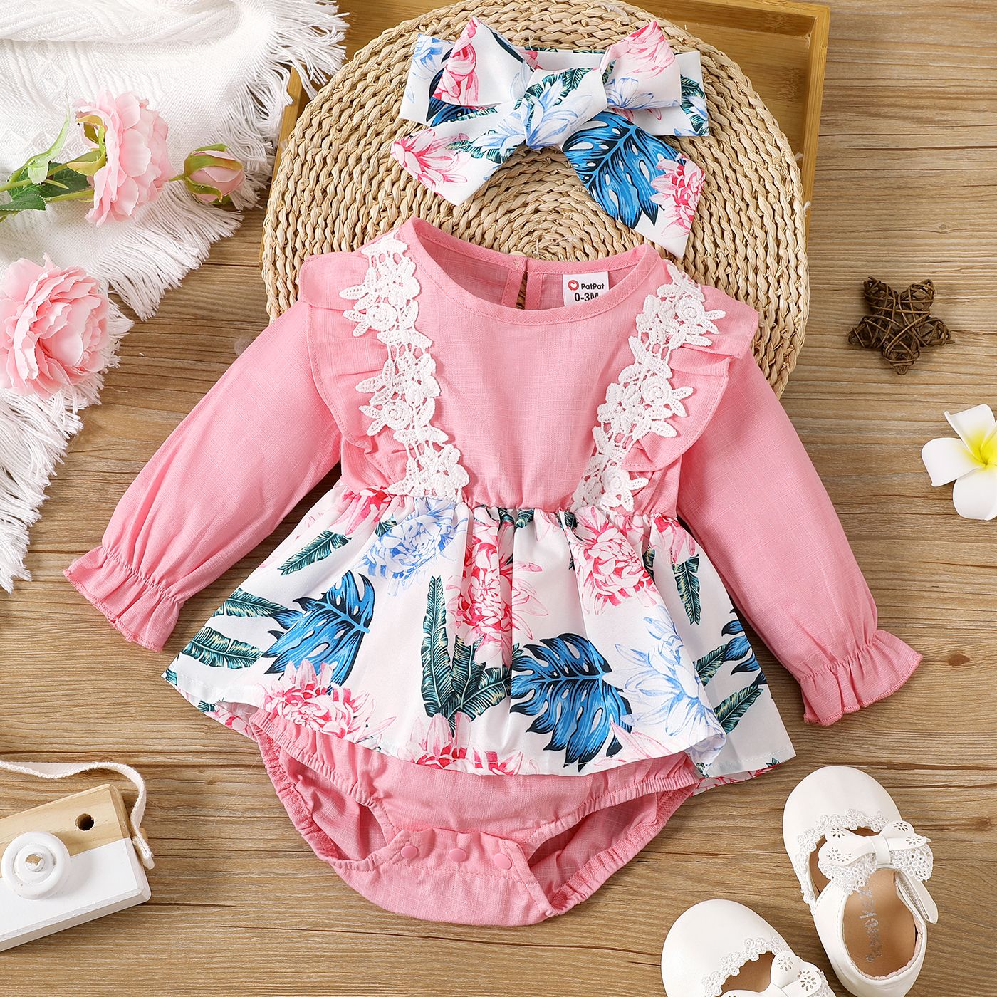 

100% Cotton 2pcs Baby Girl Long-sleeve Ruffle Trim Plant Print Spliced Romper with Headband Set