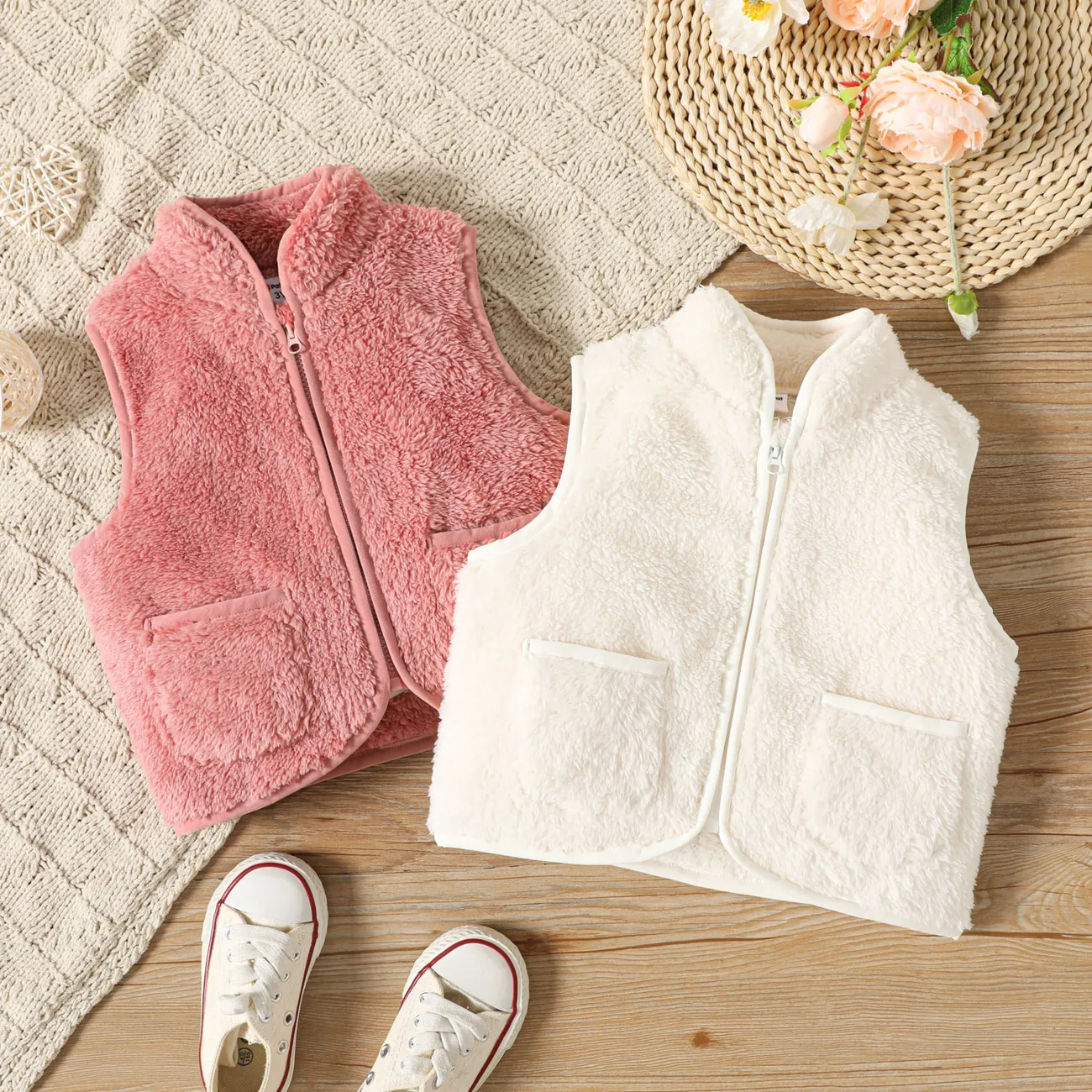 Toddler Girl Solid Color Fleece Zipper Design Vest Pink big image 1