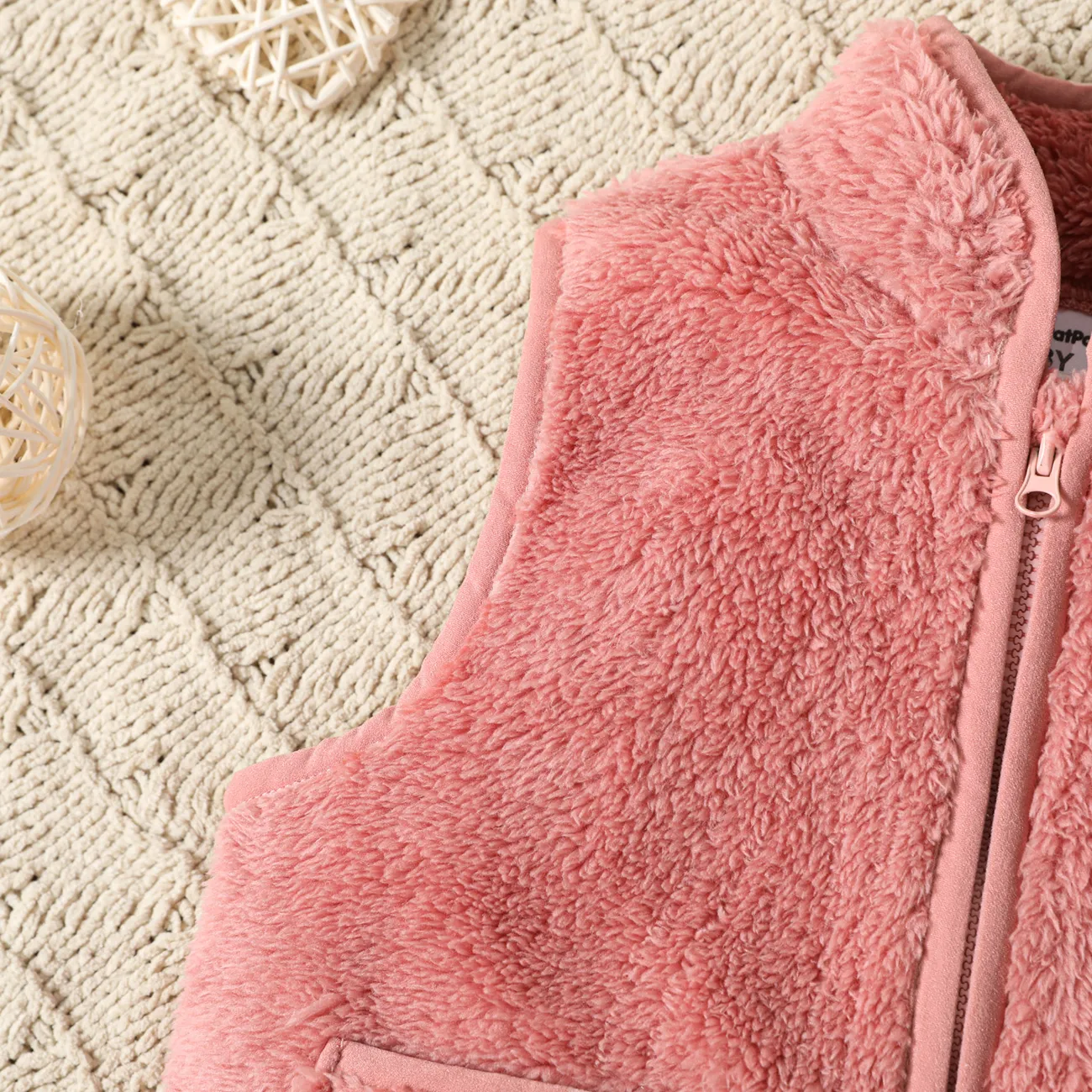 Toddler Girl Solid Color Fleece Zipper Design Vest Pink big image 1
