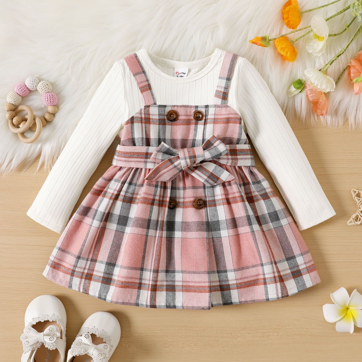 

2pcs Baby Girl Solid Rib Knit Long-sleeve Spliced Plaid Belted Double Breasted Dress