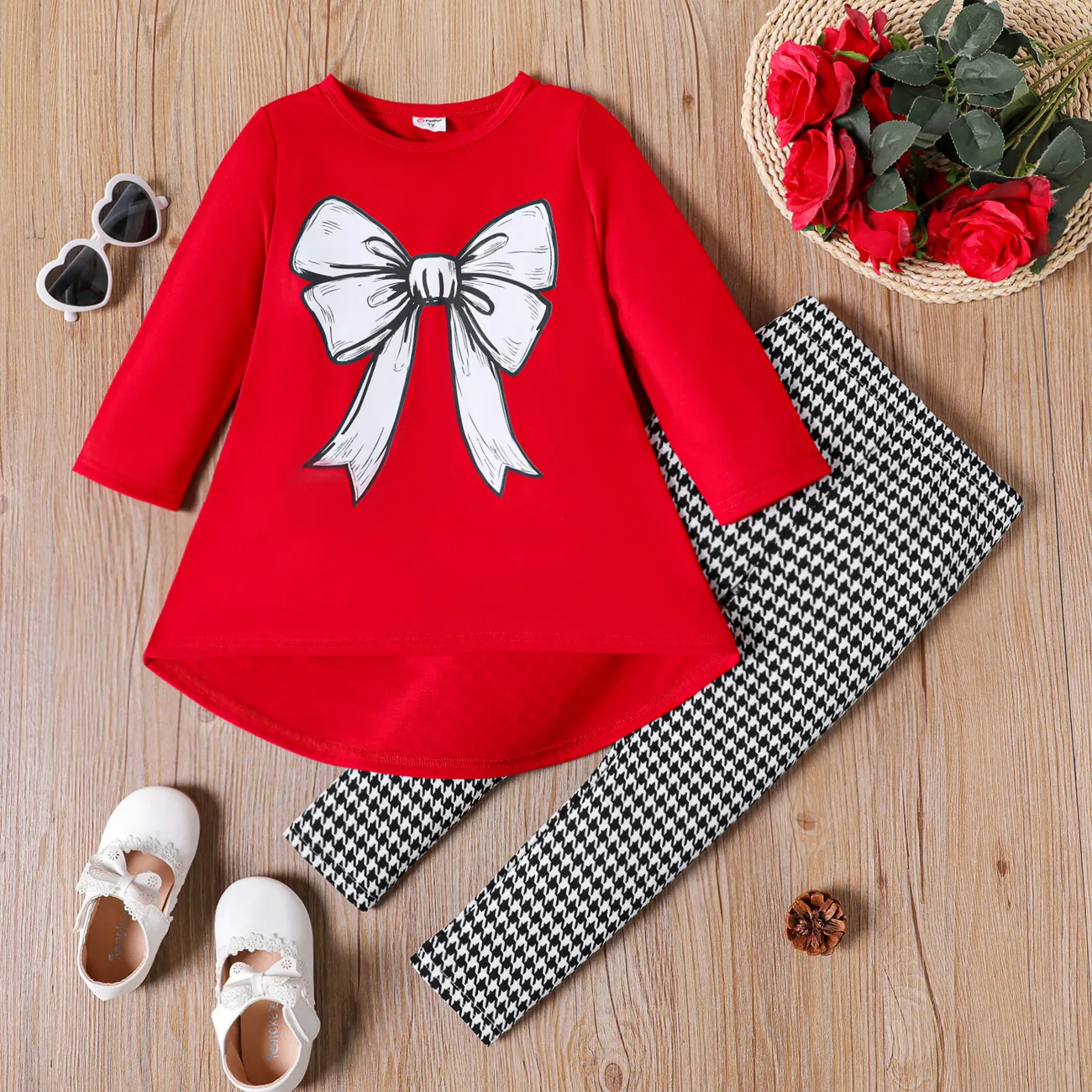 2pcs Toddler Girl Bowknot Print High Low Long-sleeve Tee and Houndstooth Leggings Set Red-2 big image 1
