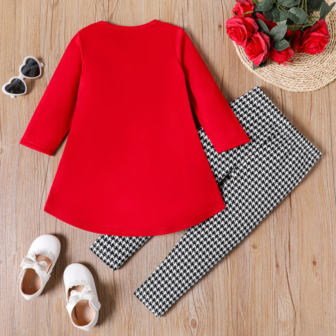 2pcs Toddler Girl Bowknot Print High Low Long-sleeve Tee and Houndstooth Leggings Set Red-2 big image 1