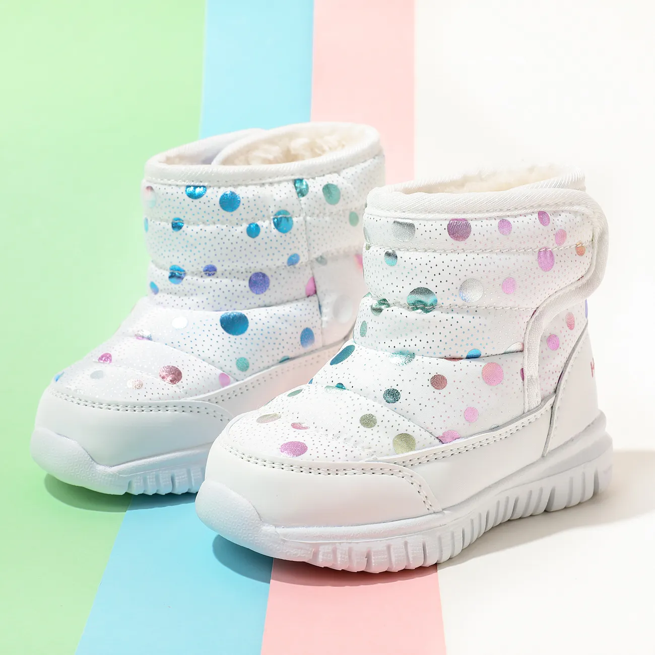Toddler / Kid Colorful Dots Pattern Fleece-lining Thermal Snow Boots White big image 1