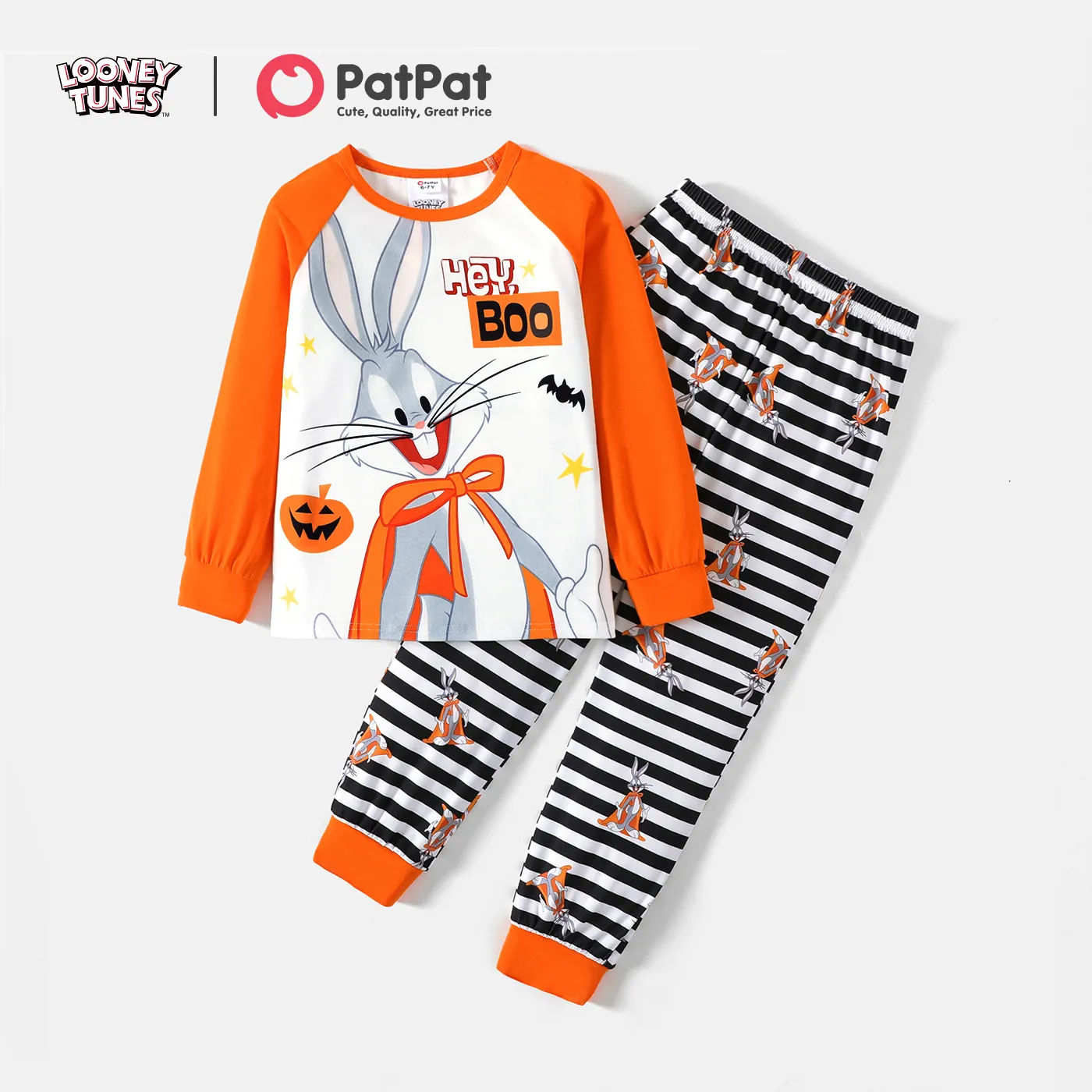 

Loony Tunes 2pcs Kid Boy Halloween Letter Print Long Raglan Sleeve Tee and Striped Pants Set