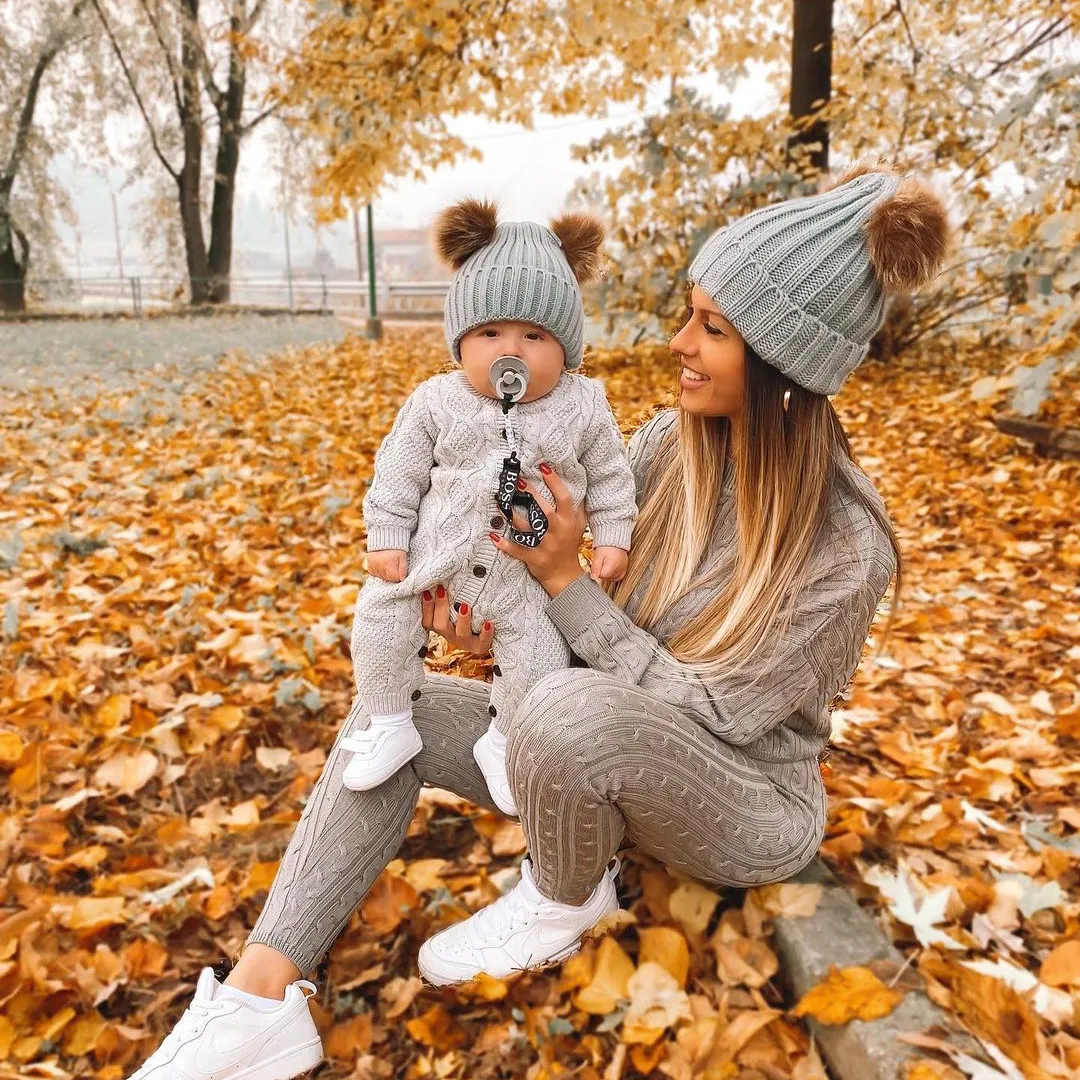 Double Hairball Knitted Beanie Hats for Mommy and Me