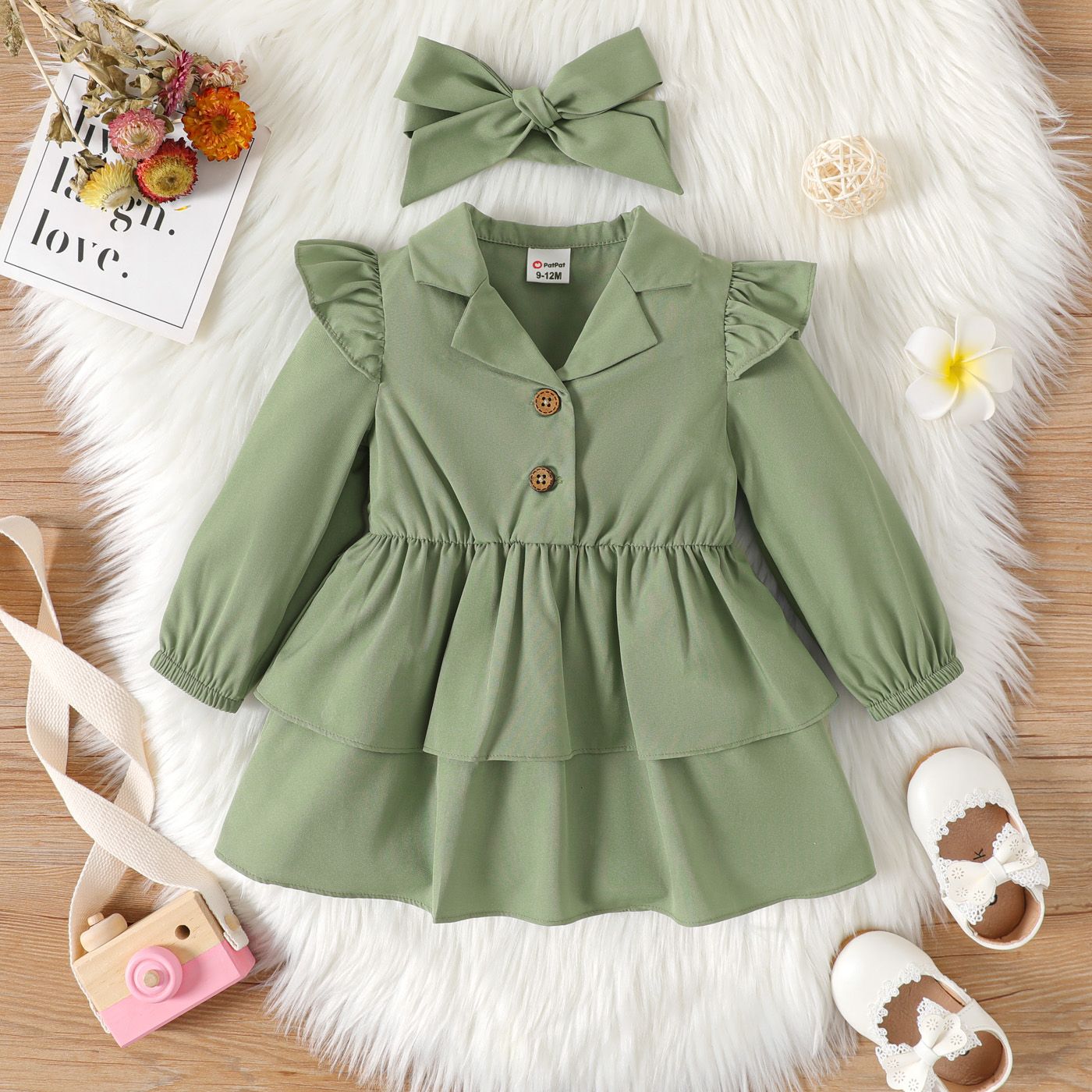 2pcs Baby Girl Button Front Solid Lapel Collar Ruffle Long-sleeve Layered Dress with Headband Set