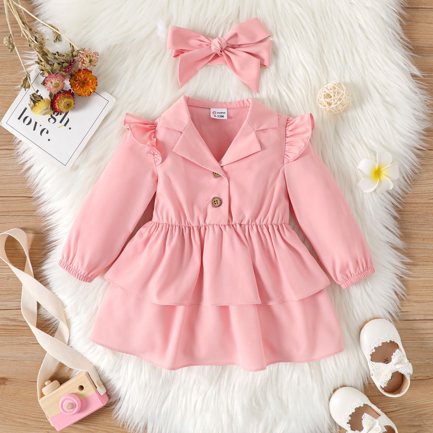 

2pcs Baby Girl Button Front Solid Lapel Collar Ruffle Long-sleeve Layered Dress with Headband Set
