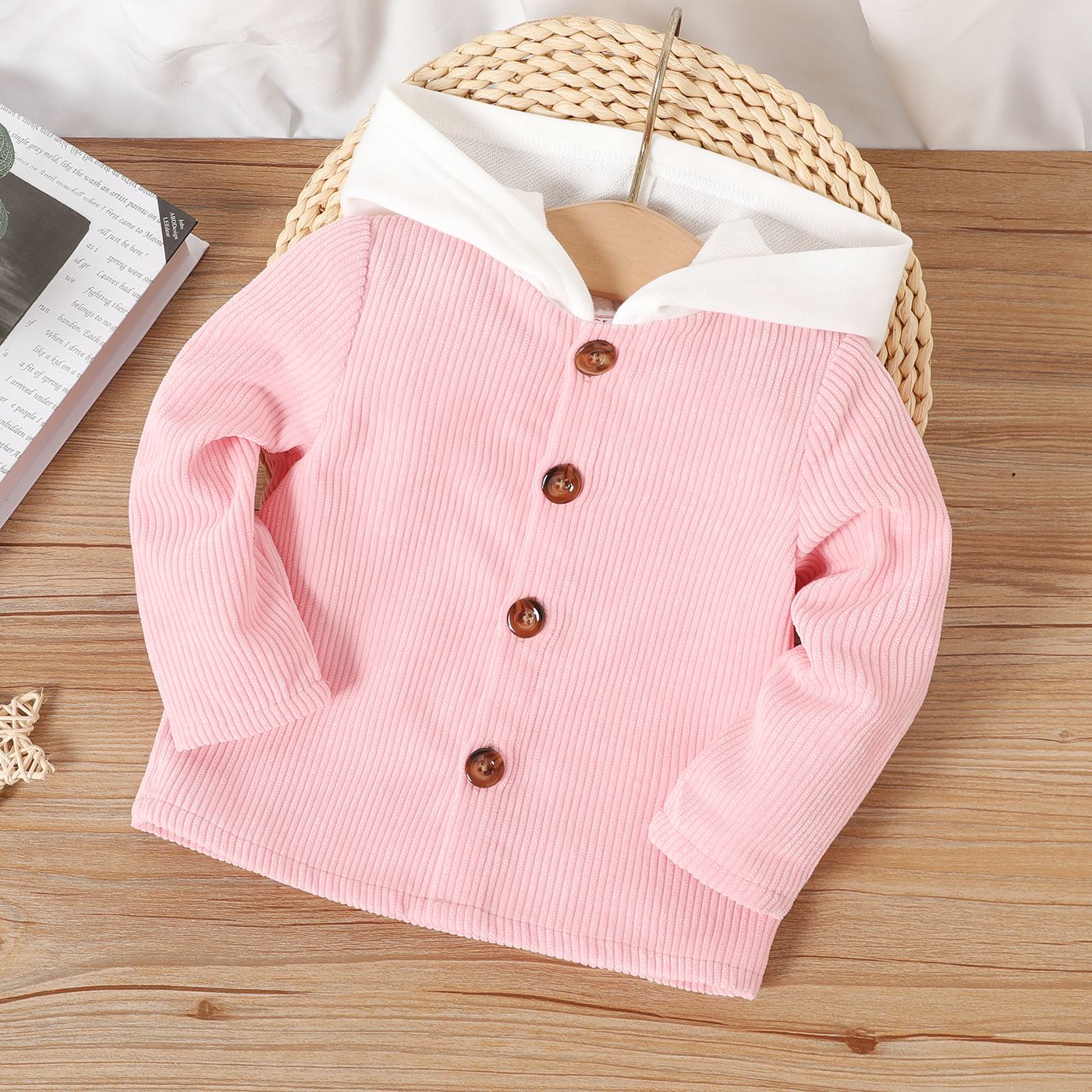 

Baby Boy/Girl Button Front Corduroy Long-sleeve Contrast Hooded Jacket