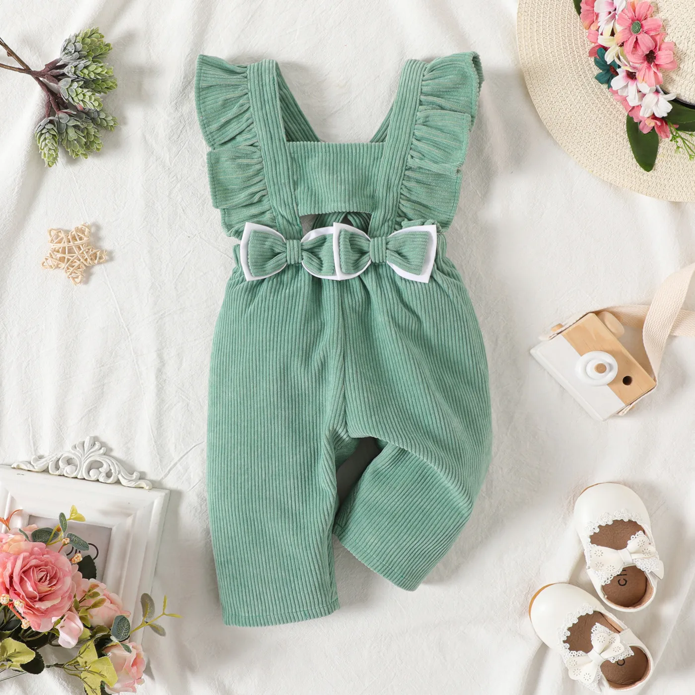 

Baby Girl Bow Front Solid Corduroy Ruffle Trim Overalls