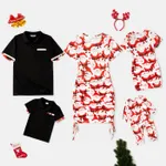 Christmas Family Matching 95% Cotton Short-sleeve Polo Shirts and Allover Santa Claus Print Drawstring Ruched Bodycon Dresses Sets  image 2