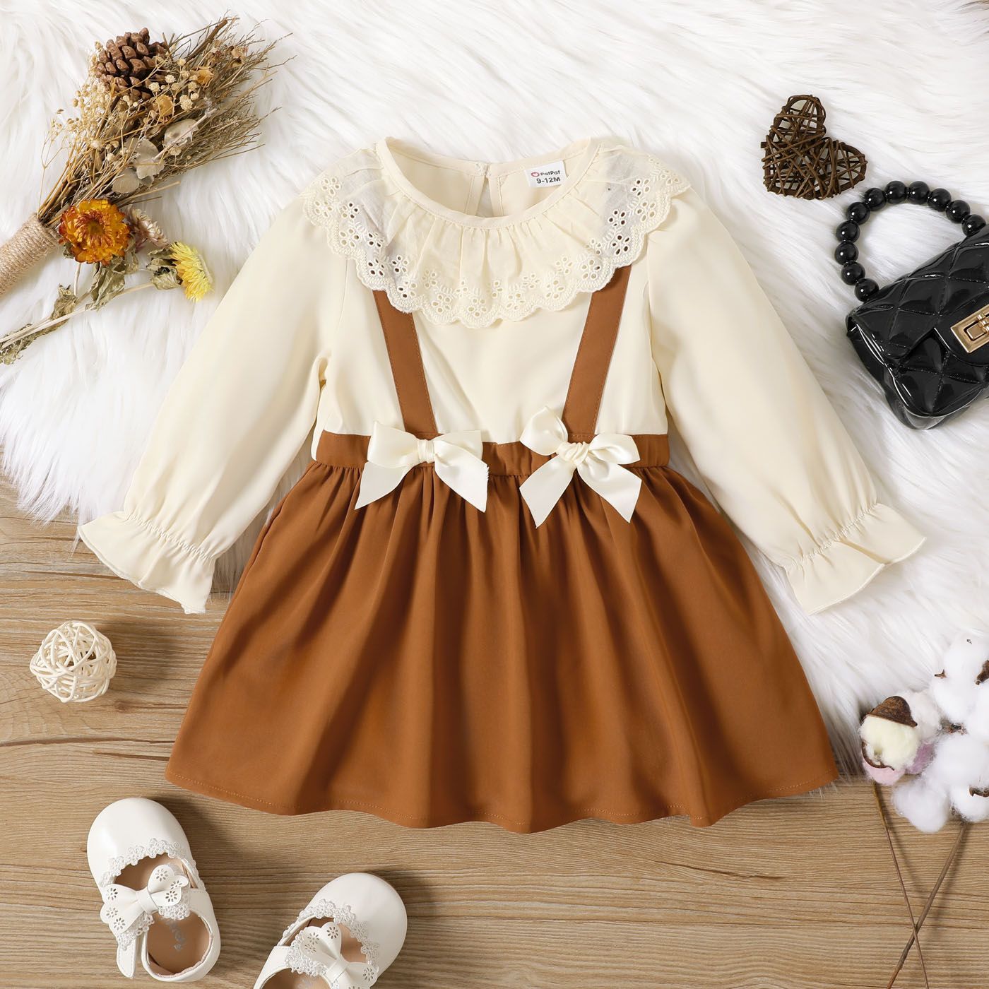 

Baby Girl Ruffle Collar Long-sleeve Bow Front Solid Spliced Dress
