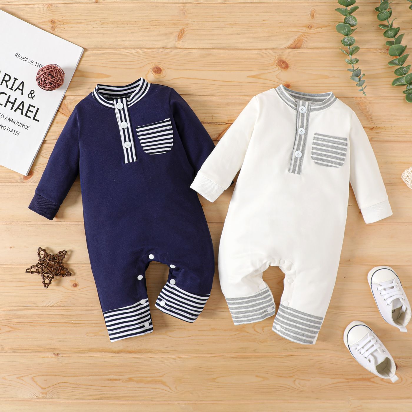 

Baby Boy Striped Spliced Solid Long-sleeve Button Front Jumpsuit
