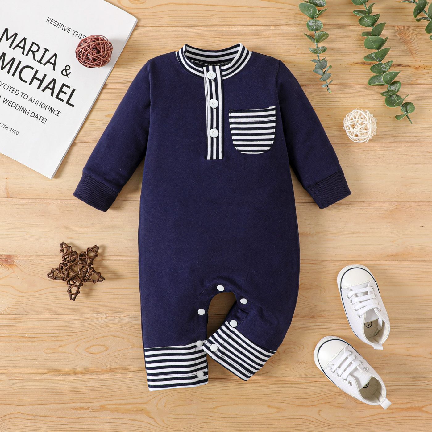 

Baby Boy Striped Spliced Solid Long-sleeve Button Front Jumpsuit