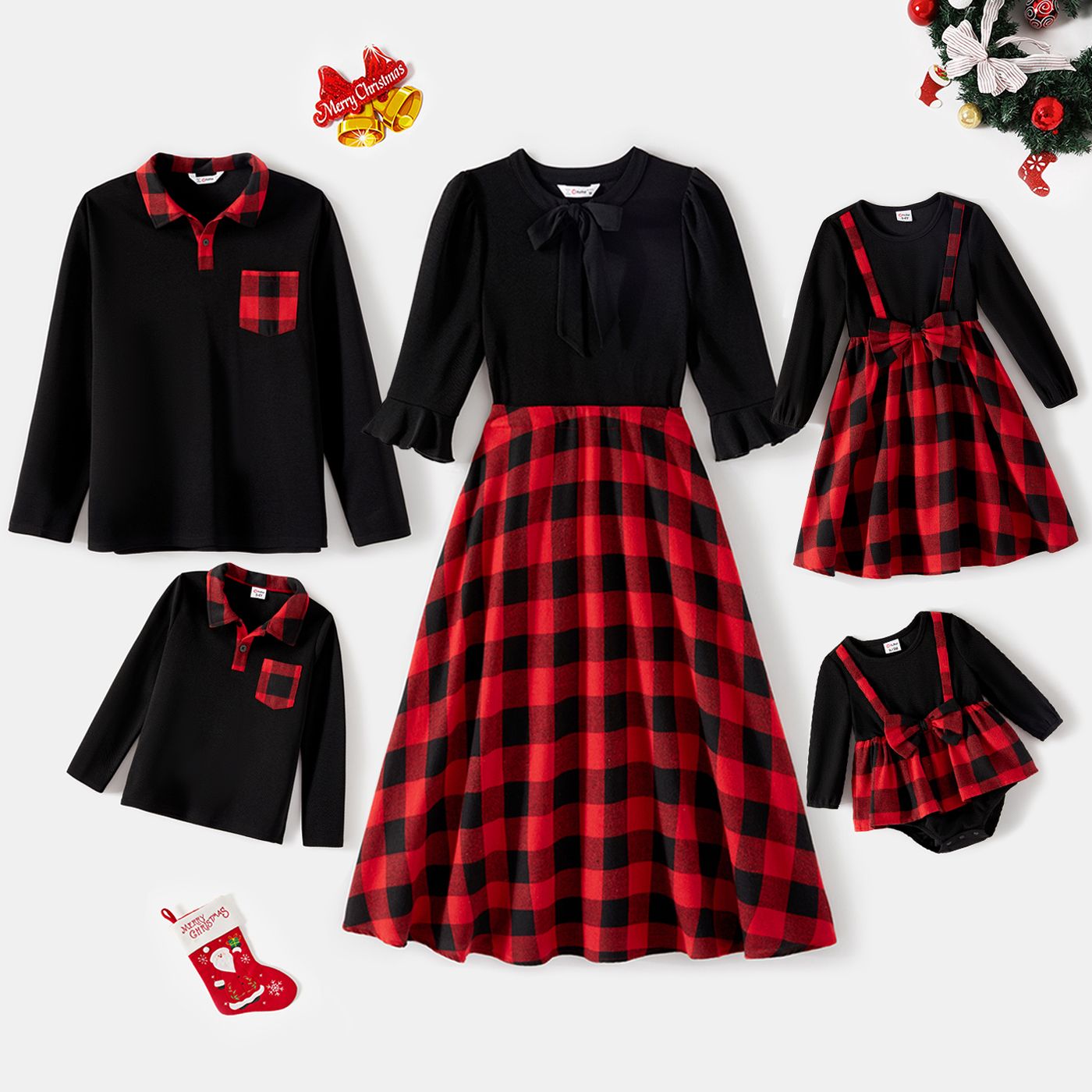 

Christmas Family Matching Solid Spliced Red Plaid Dresses and Polo Shirts Sets
