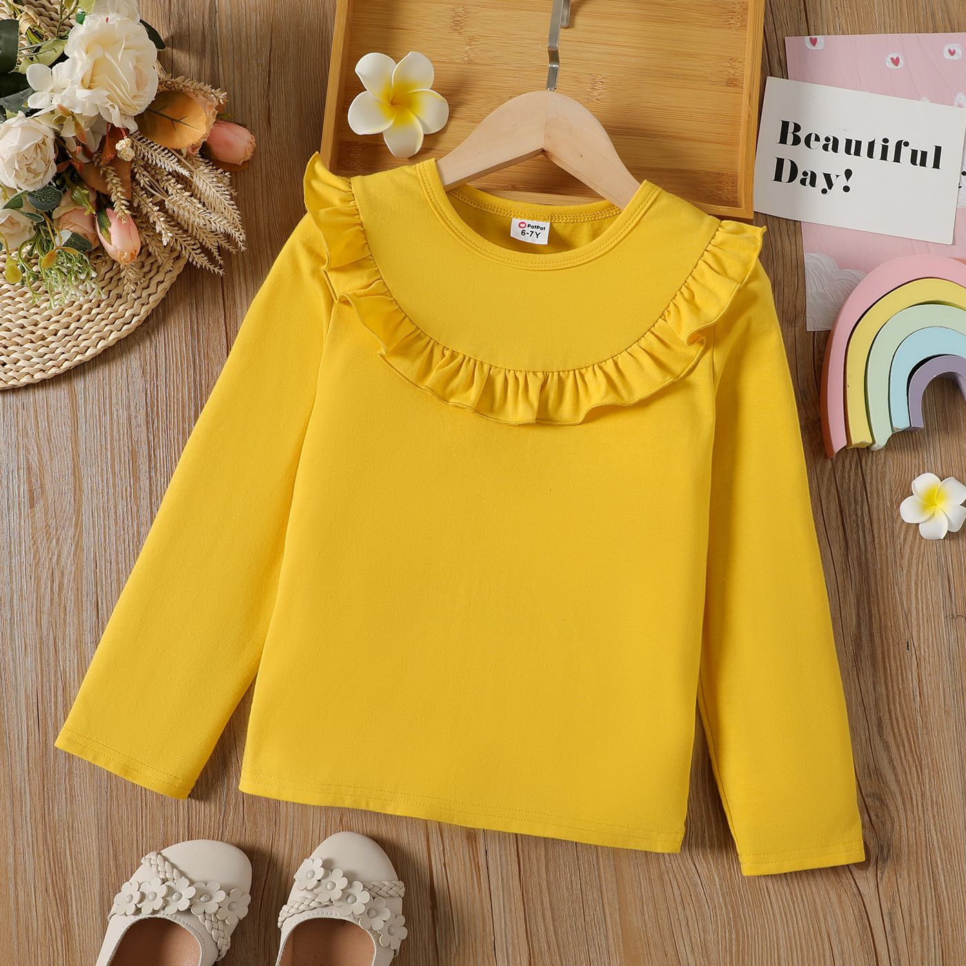 

Kid Girl Solid Color Ruffled Long-sleeve Tee