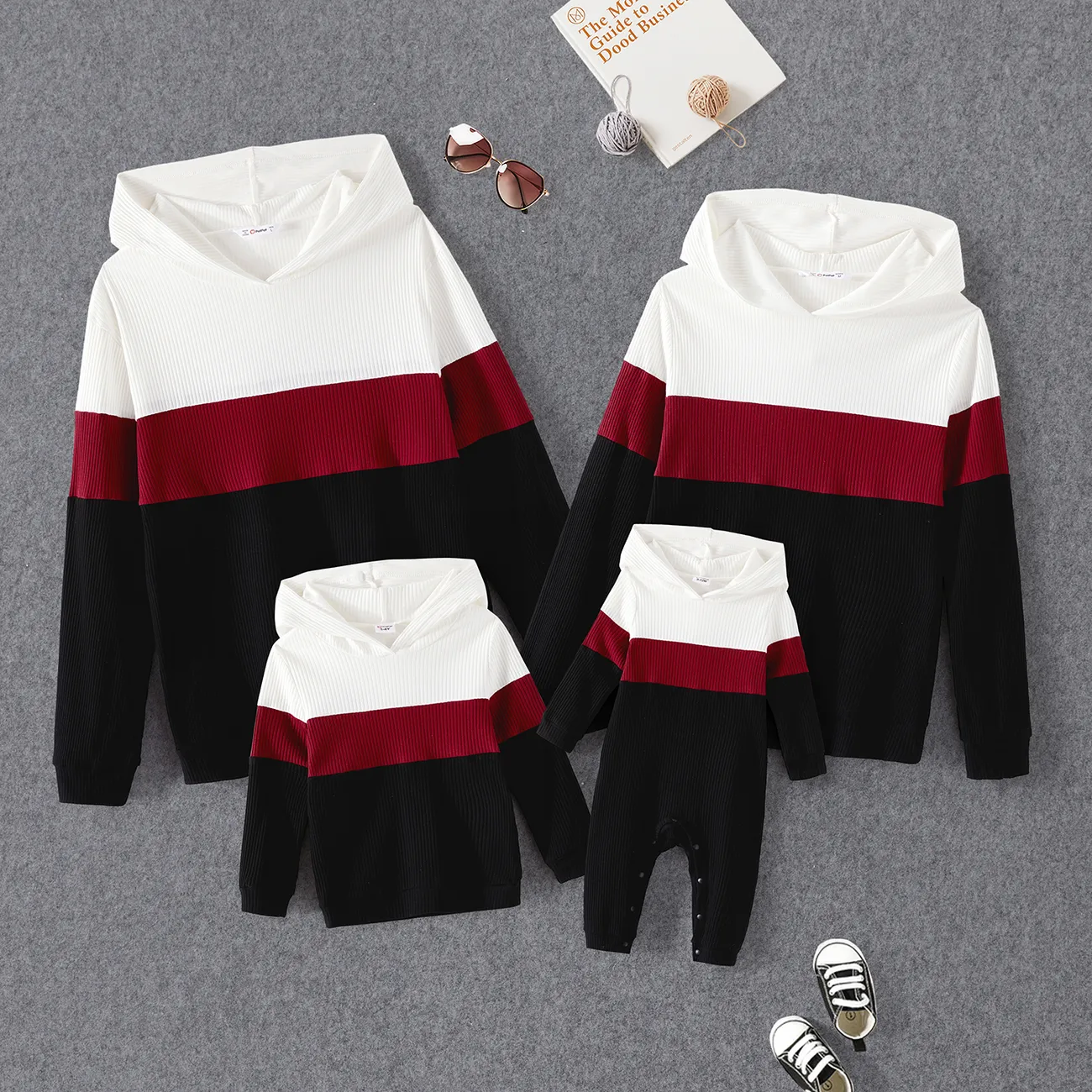 Family Matching Cotton Rib Knit Colorblock Long-sleeve Hoodies Black/White/Red big image 1