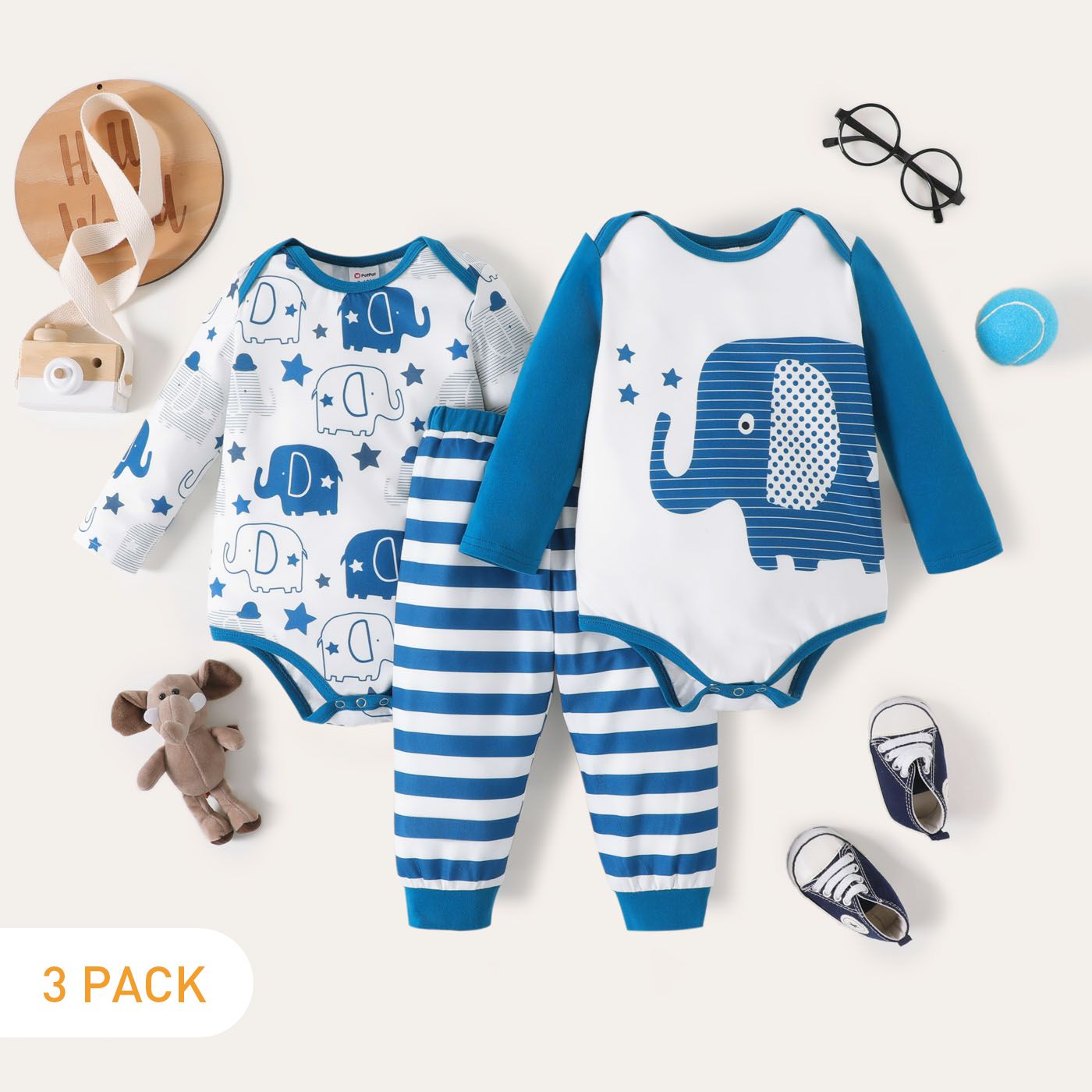 

3-Pack Baby Boy Elephant Print Long-sleeve Rompers and Striped Pants Set