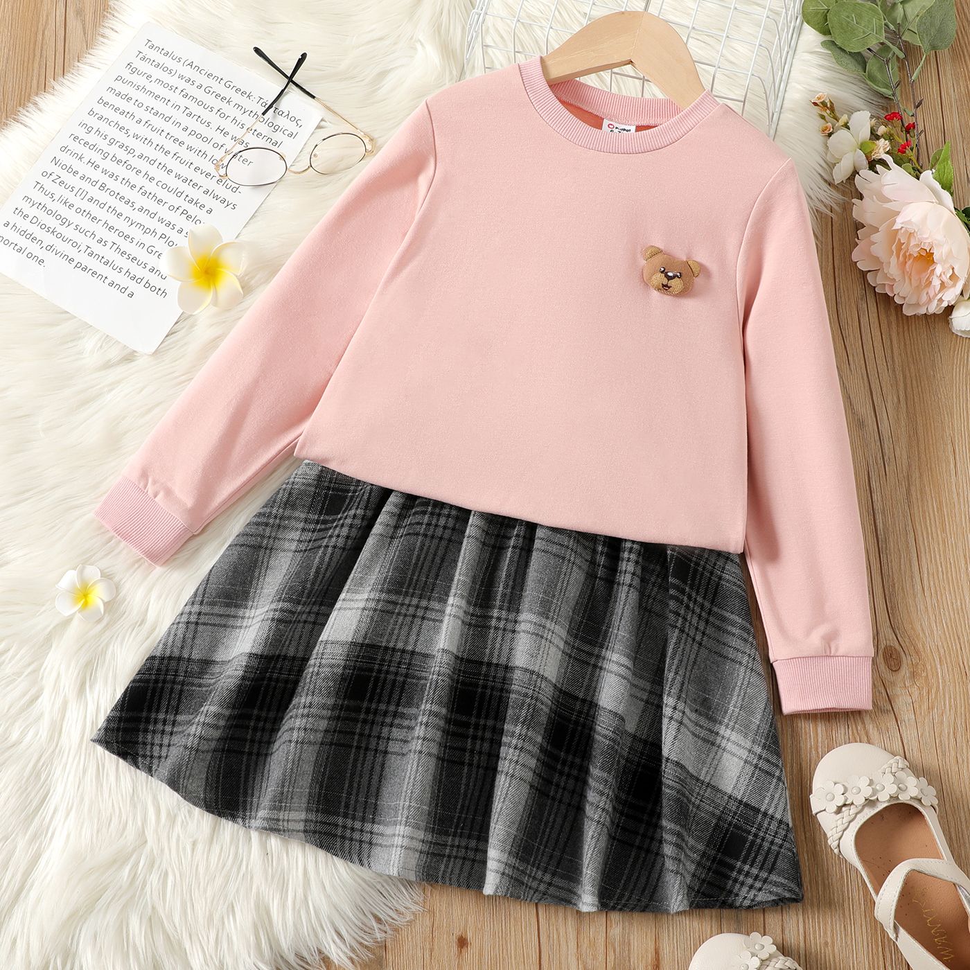 

2pcs Kid Girl 3D Bear Design Pink Sweatshirt and Plaid Skirt Set