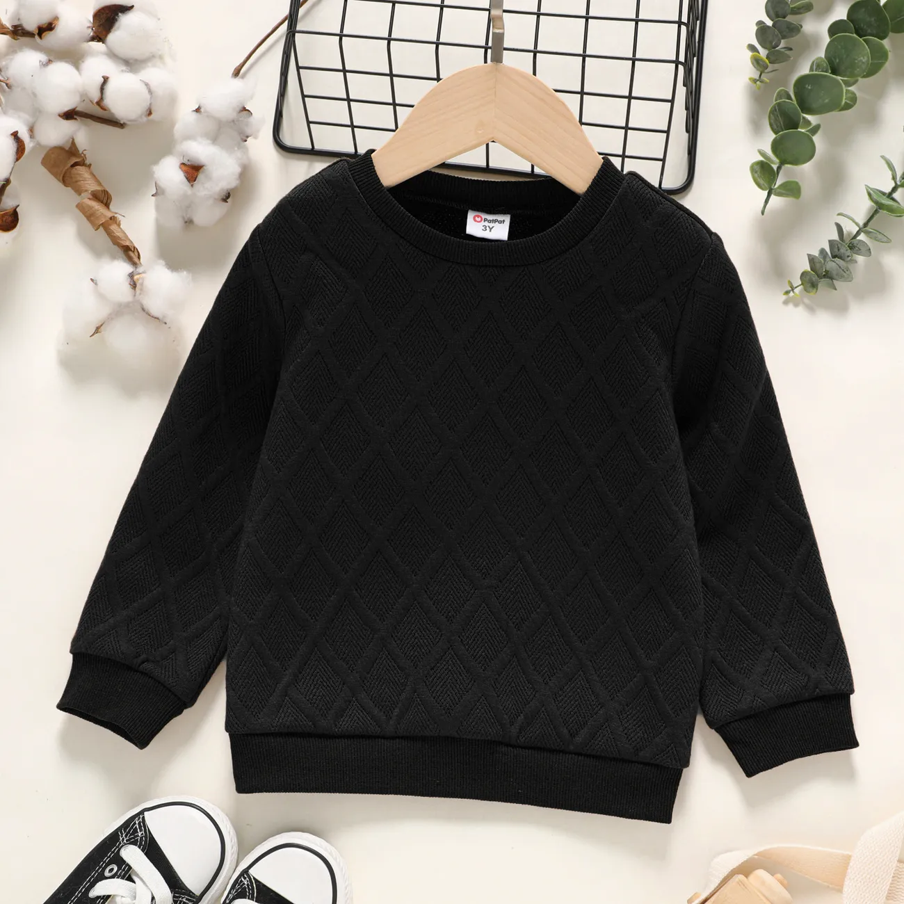 Toddler Girl/Boy Solid Color Textured Pullover Sweatshirt Black big image 1