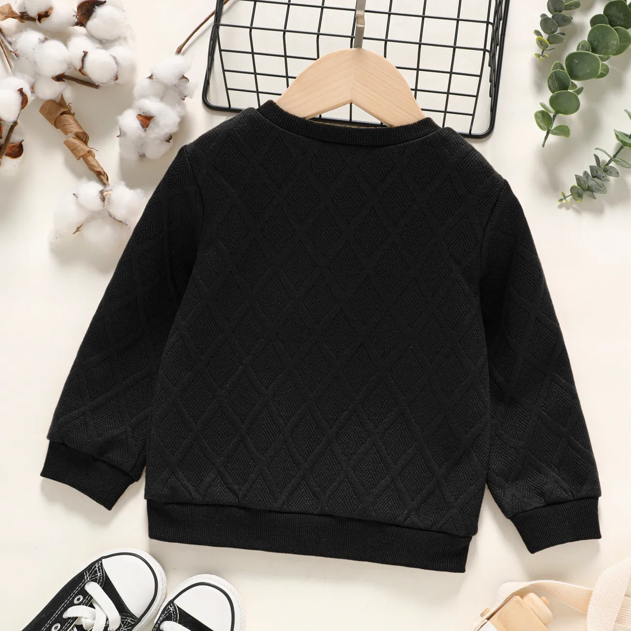 Toddler Girl/Boy Solid Color Textured Pullover Sweatshirt Black big image 1
