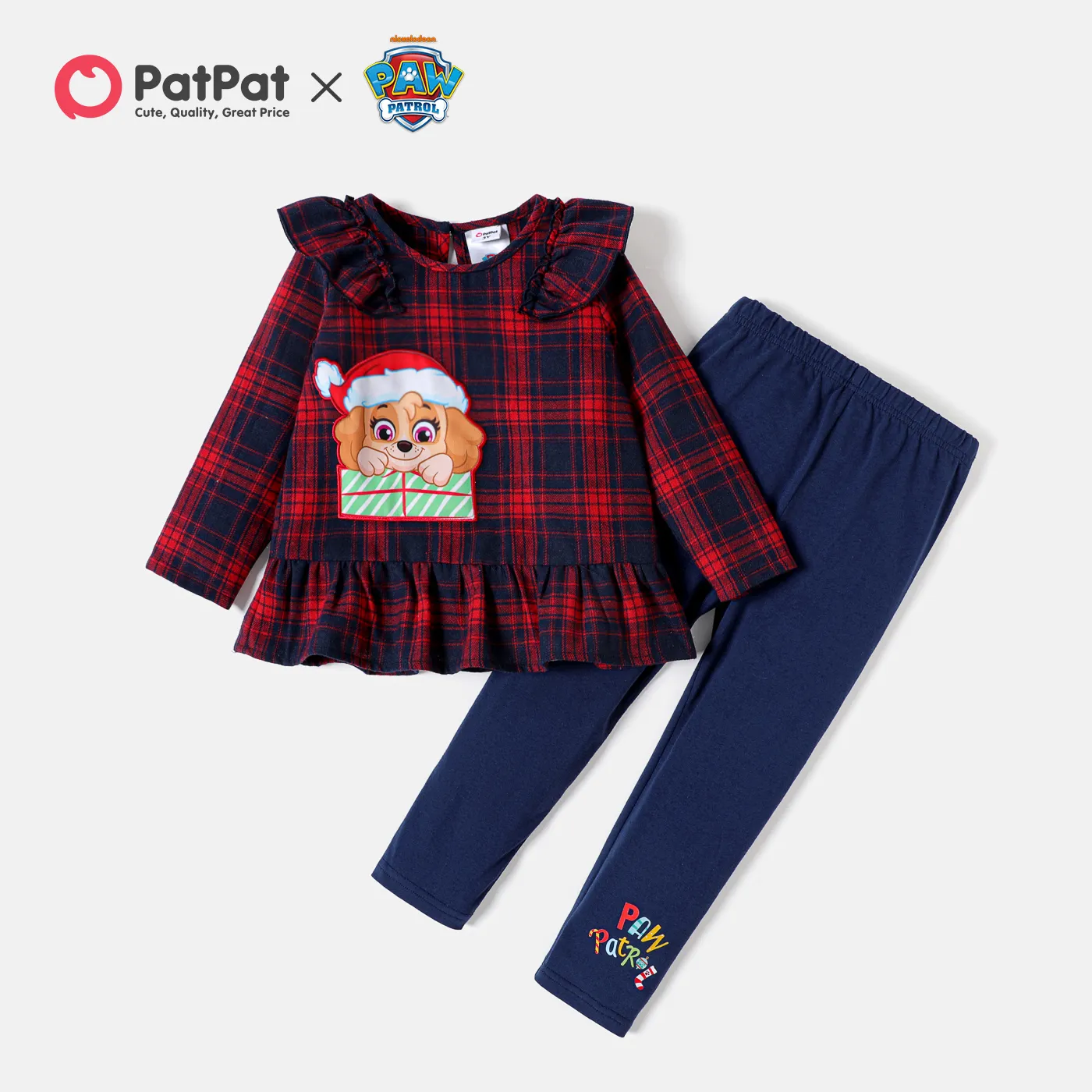 

PAW Patrol 2pcs Toddler Girl Christmas Plaid Ruffled Long-sleeve embroidered Cotton Top and Letter Print Leggings Set