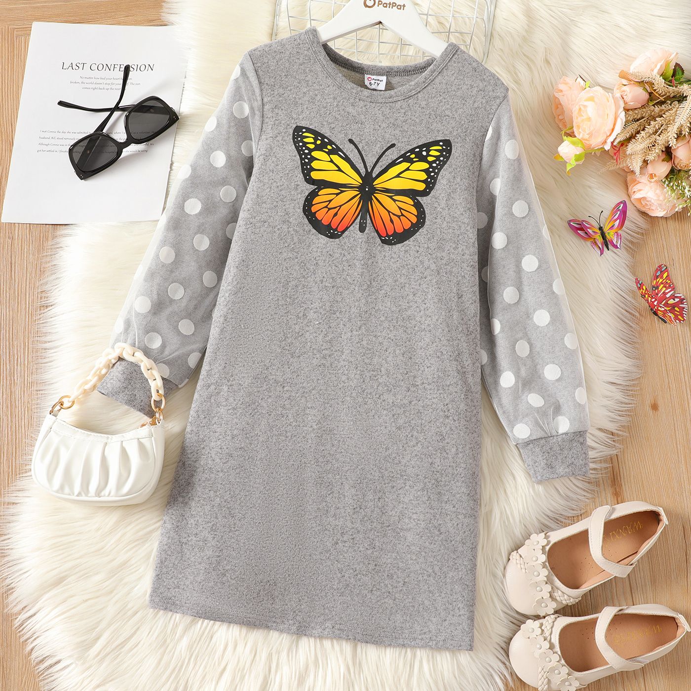 

Kid Girl Print Butterfly Print Mesh Design Long-sleeve Dress