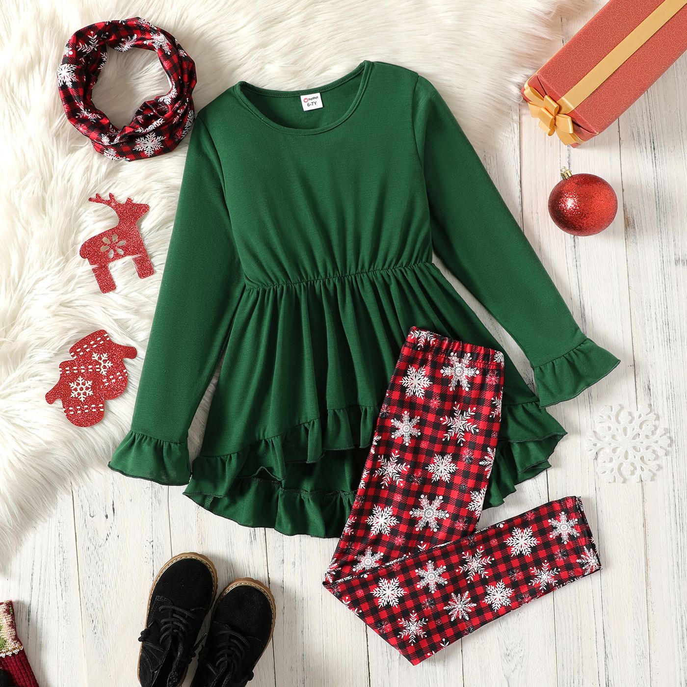 

3pcs Kid Girl Christmas Ruffled High Low Long-sleeve Tee and Leggings & Scarf Set